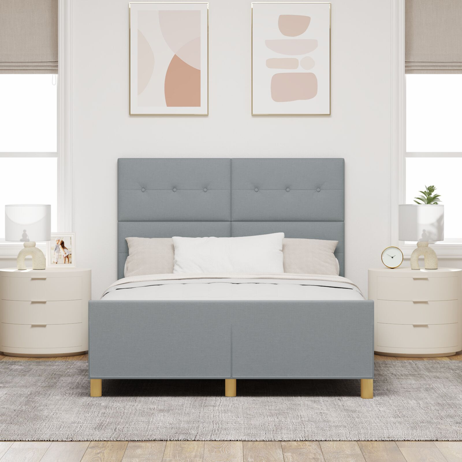 vidaXL Cadru de pat cu headboard Gri deschis 160 x 200 cm țesătură vidaXL Cadru de pat cu headboard Gri deschis 160 x 200 cm țesătură