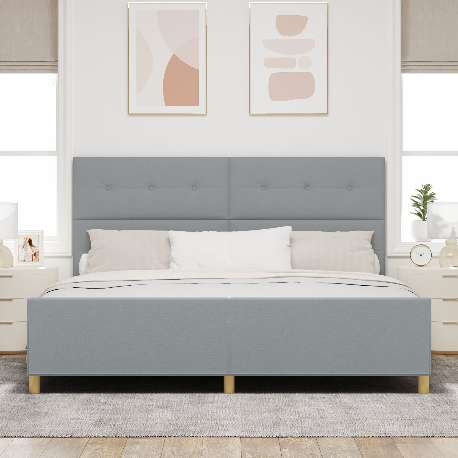 vidaXL Cadru de pat cu headboard Gri deschis 200 x 200 cm țesătură vidaXL Cadru de pat cu headboard Gri deschis 200 x 200 cm țesătură