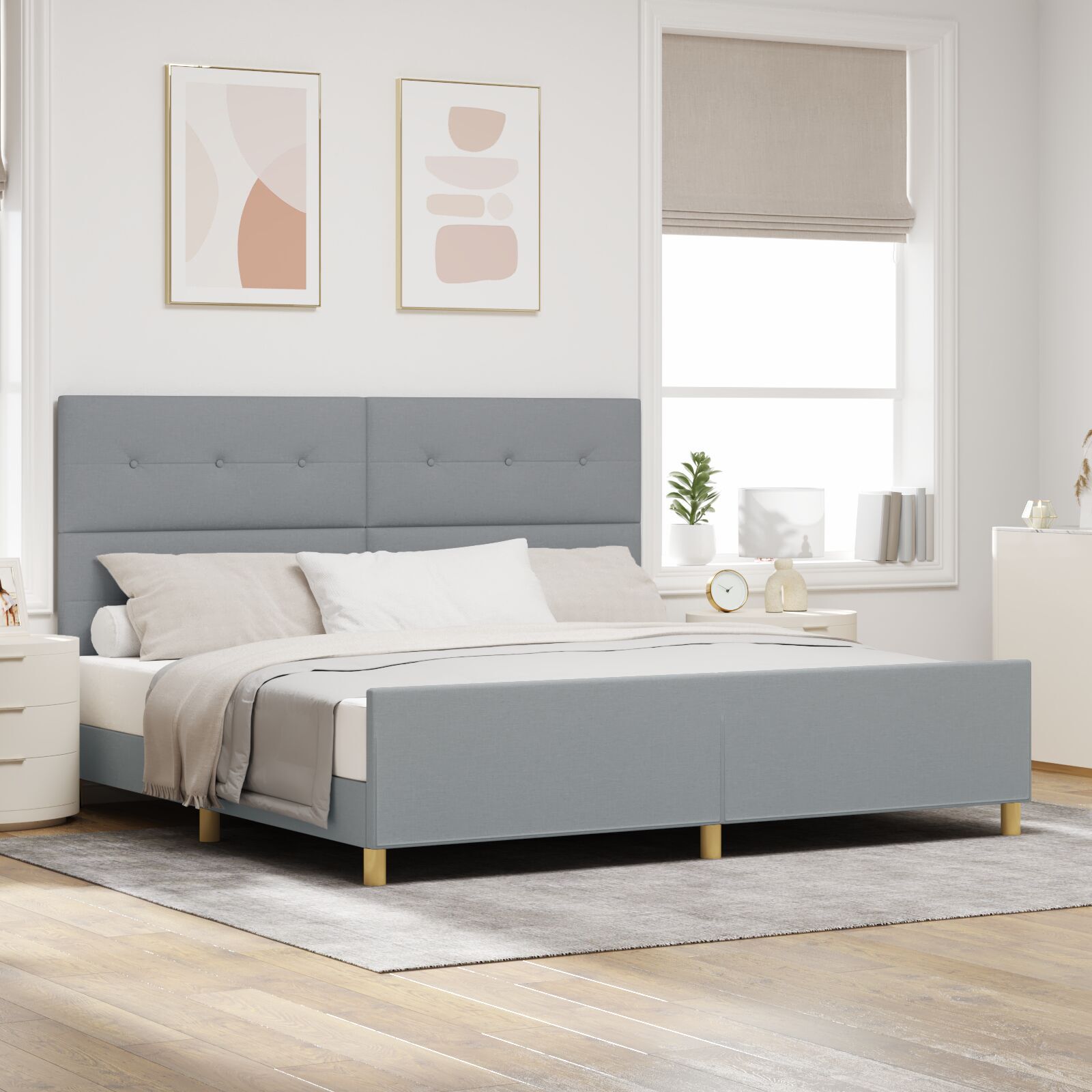 vidaXL Cadru de pat cu headboard Gri deschis 200 x 200 cm țesătură vidaXL Cadru de pat cu headboard Gri deschis 200 x 200 cm țesătură
