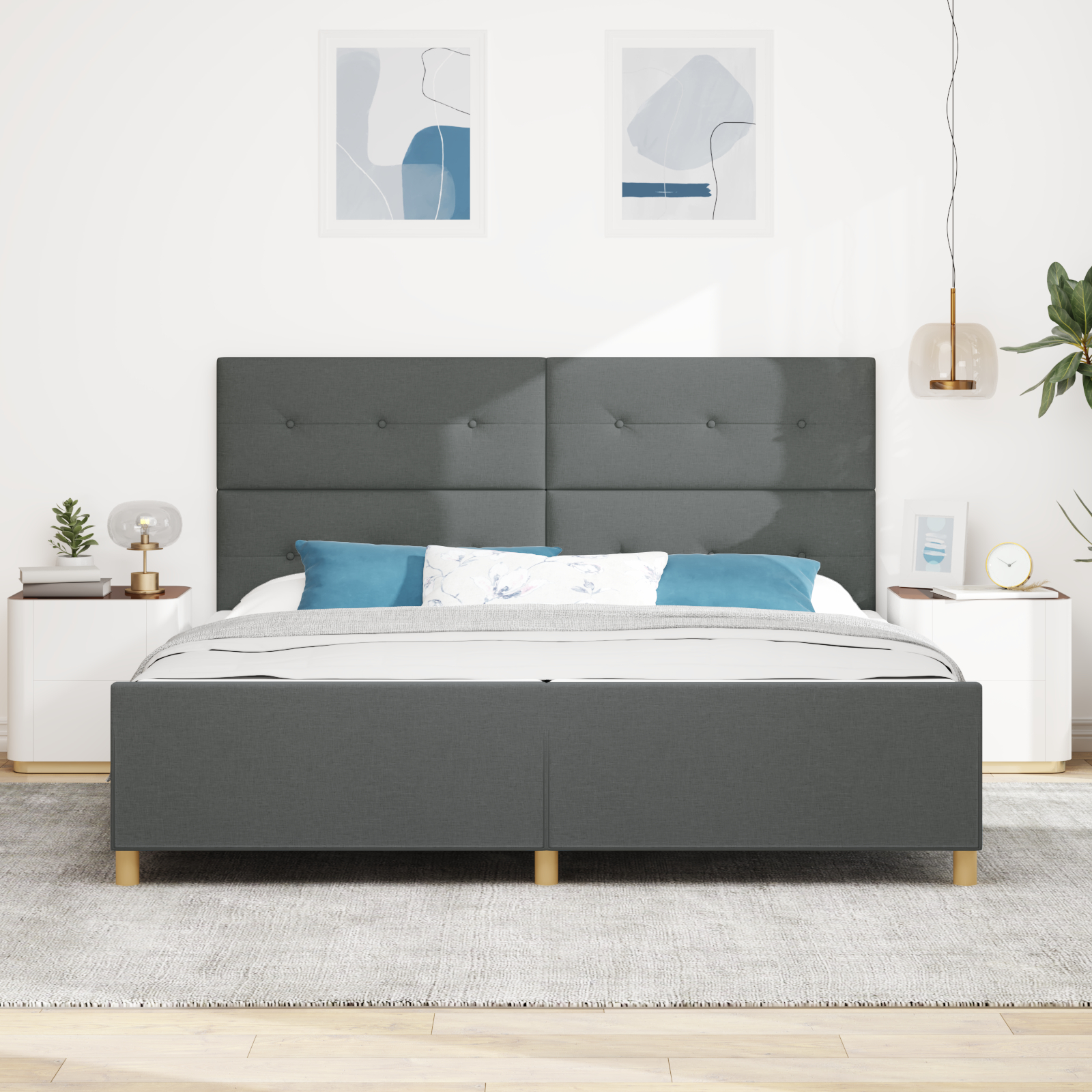 vidaXL Cadru de pat cu headboard Gri închis 200 x 200 cm țesătură vidaXL Cadru de pat cu headboard Gri închis 200 x 200 cm țesătură