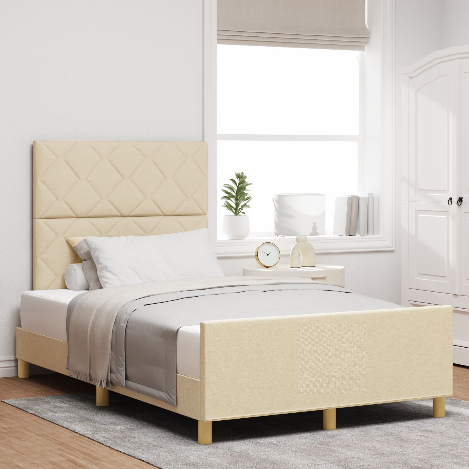 vidaXL Cadru de pat cu headboard Crem 120 x 200 cm țesătură vidaXL Cadru de pat cu headboard Crem 120 x 200 cm țesătură
