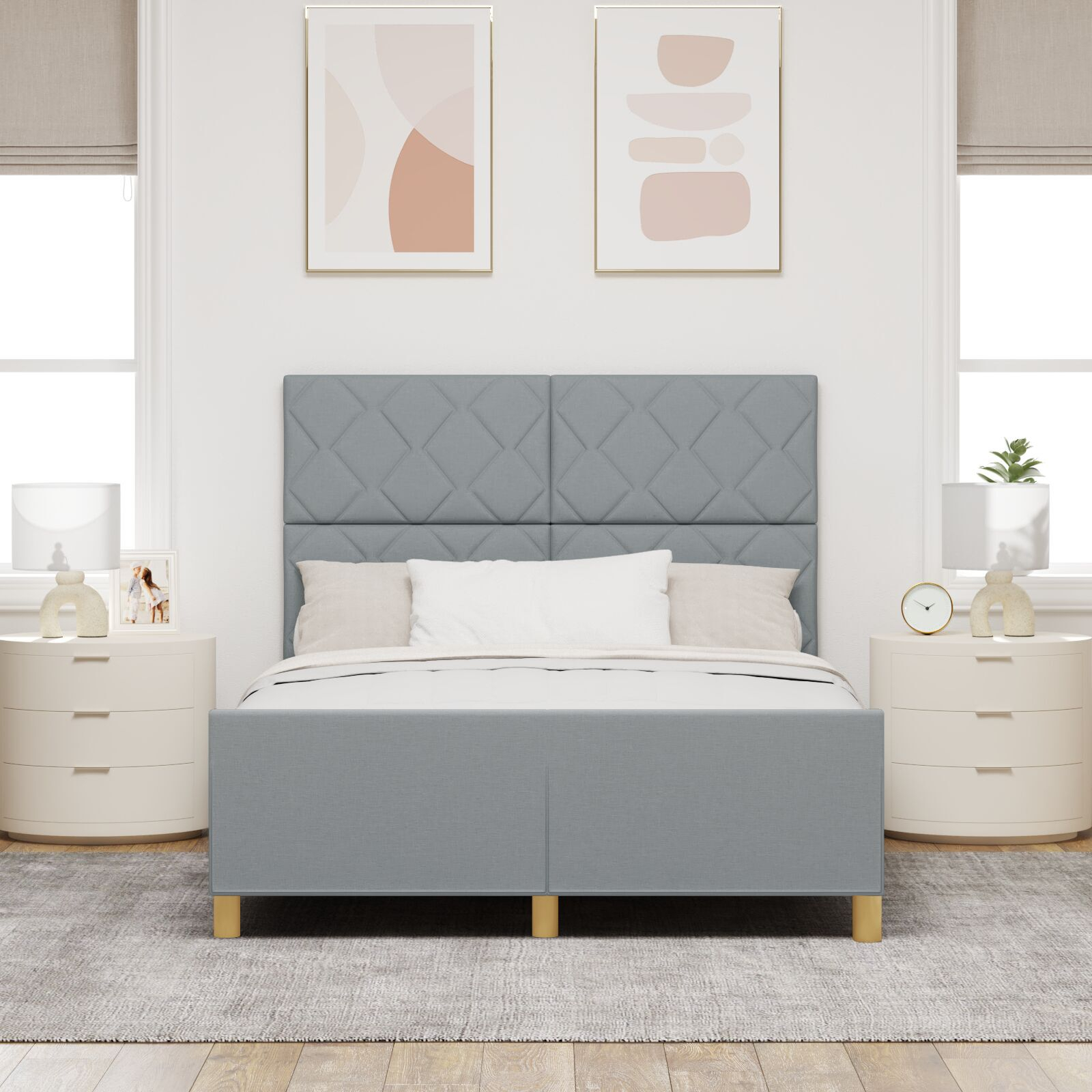 vidaXL Cadru de pat cu headboard Gri deschis 140 x 200 cm țesătură vidaXL Cadru de pat cu headboard Gri deschis 140 x 200 cm țesătură