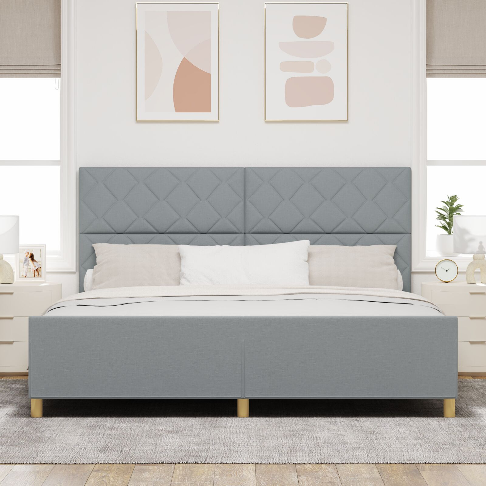 vidaXL Cadru de pat cu headboard Gri deschis 200 x 200 cm țesătură vidaXL Cadru de pat cu headboard Gri deschis 200 x 200 cm țesătură