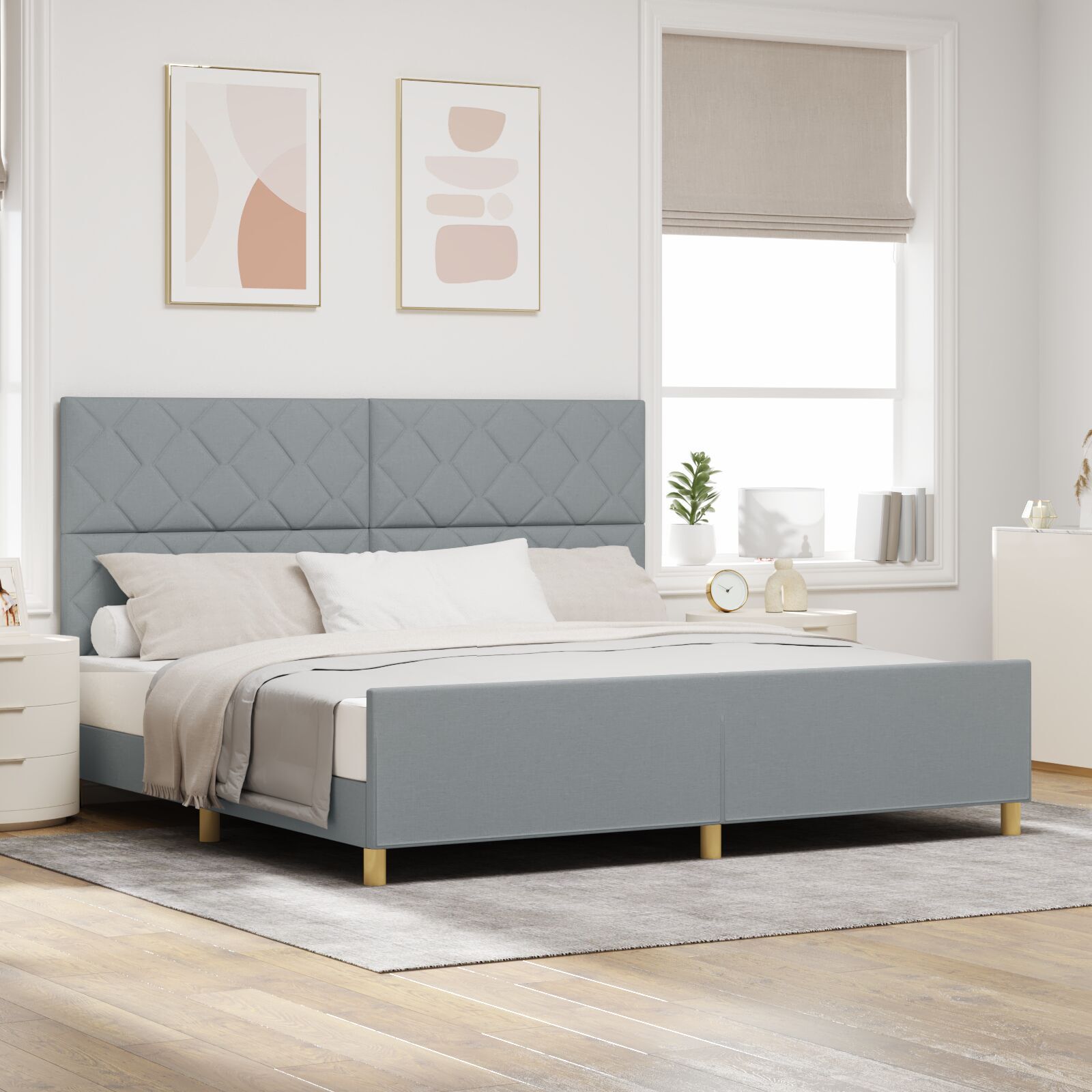 vidaXL Cadru de pat cu headboard Gri deschis 200 x 200 cm țesătură vidaXL Cadru de pat cu headboard Gri deschis 200 x 200 cm țesătură