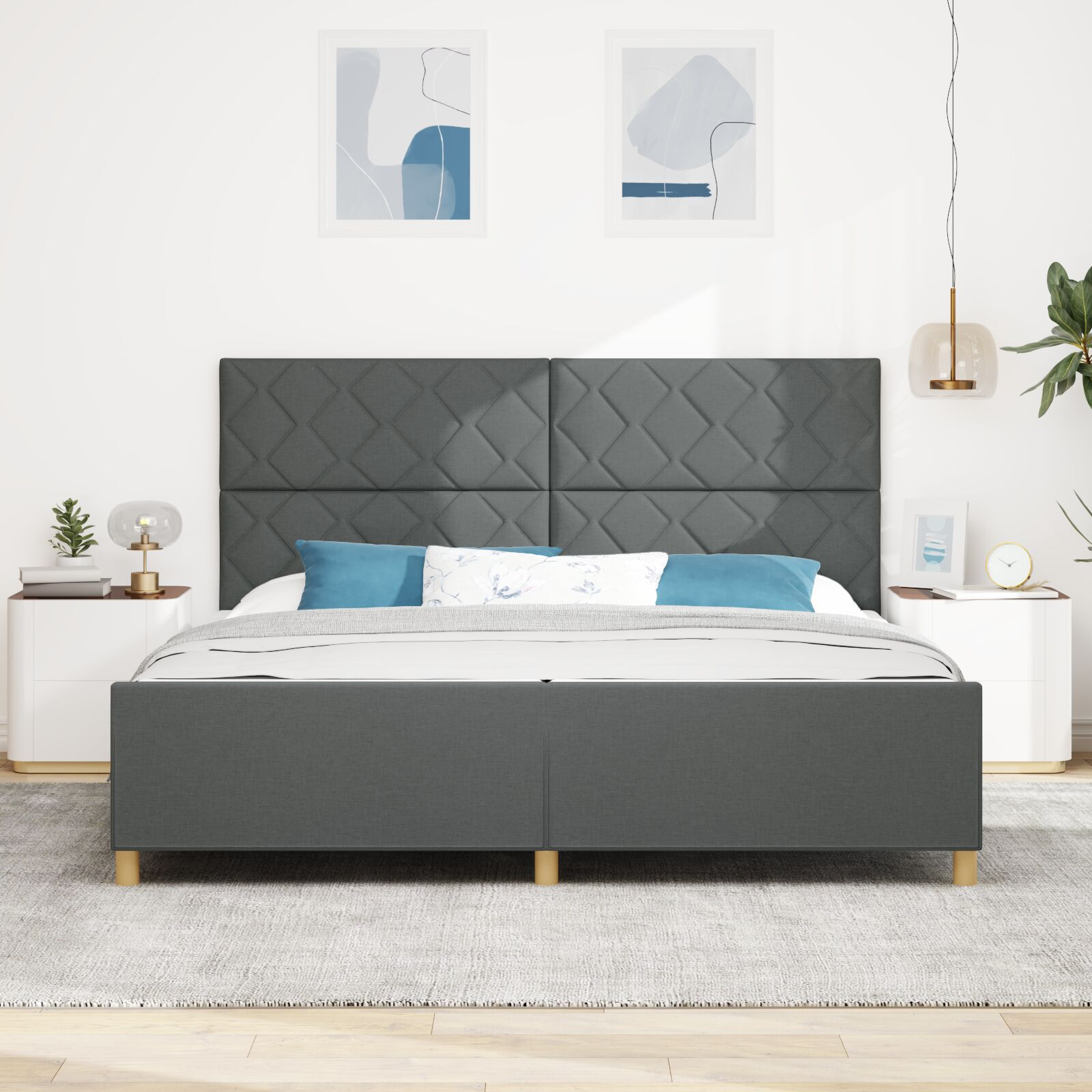vidaXL Cadru de pat cu headboard Gri închis 200 x 200 cm țesătură vidaXL Cadru de pat cu headboard Gri închis 200 x 200 cm țesătură