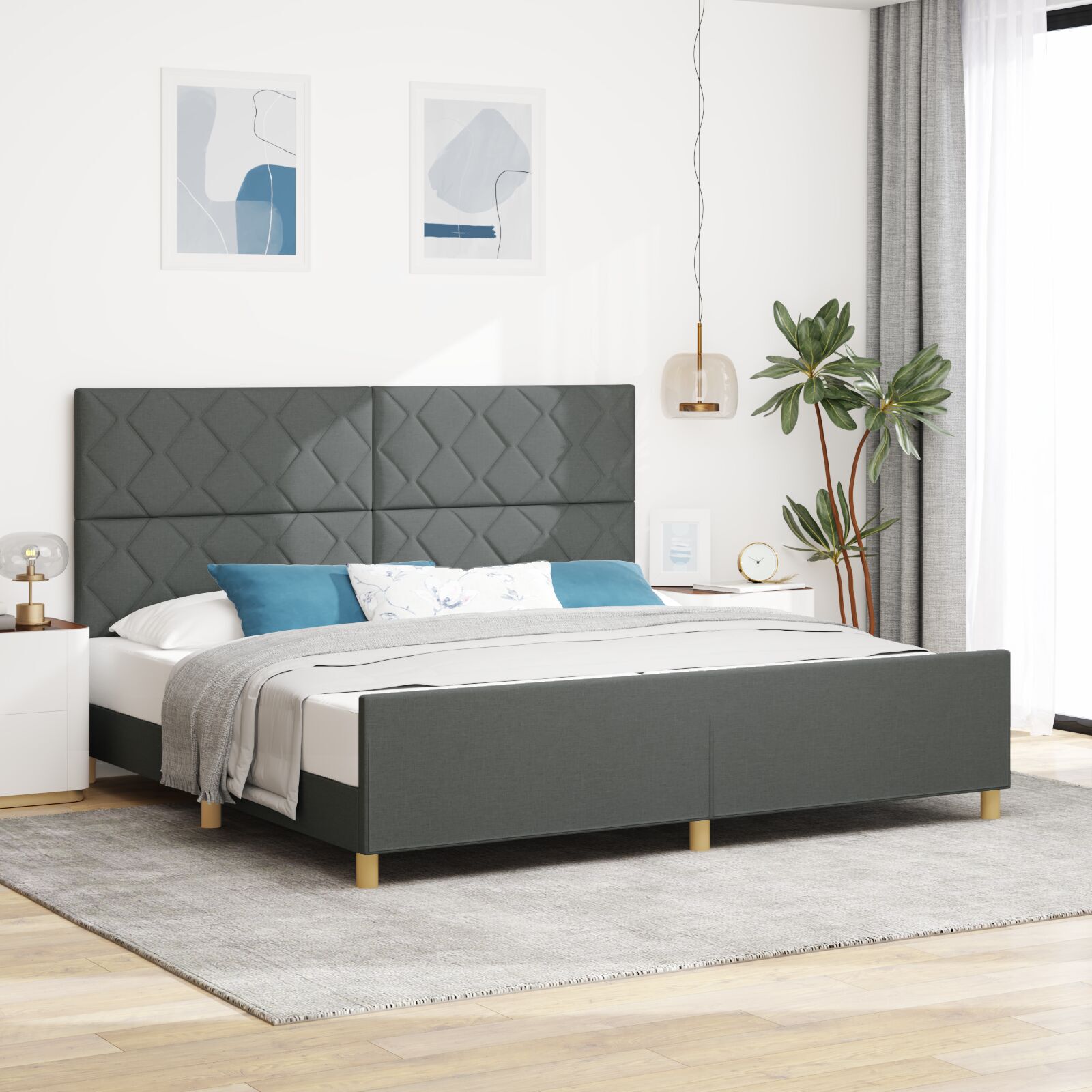 vidaXL Cadru de pat cu headboard Gri închis 200 x 200 cm țesătură vidaXL Cadru de pat cu headboard Gri închis 200 x 200 cm țesătură