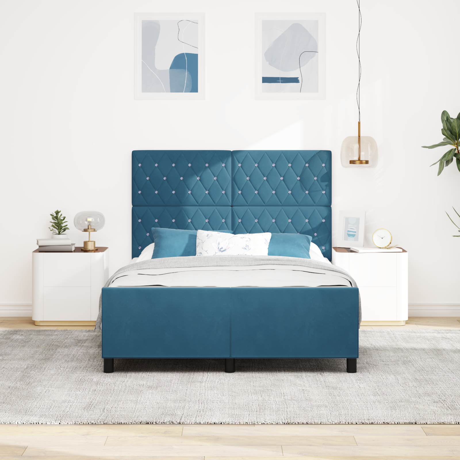 vidaXL Cadru de pat cu headboard Albastru închis 140 x 190 cm Catifea vidaXL Cadru de pat cu headboard Albastru închis 140 x 190 cm Catifea
