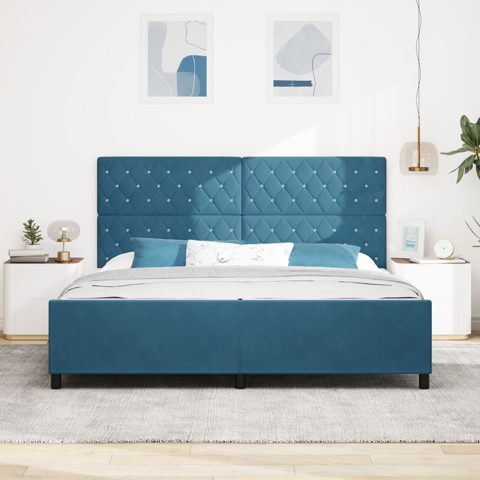 vidaXL Cadru de pat cu headboard Albastru închis 200 x 200 cm Catifea vidaXL Cadru de pat cu headboard Albastru închis 200 x 200 cm Catifea