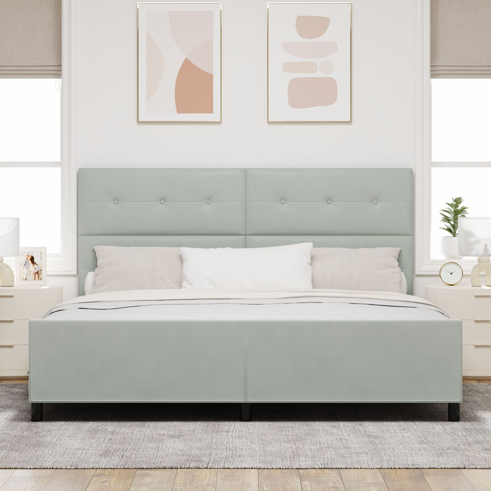 vidaXL Cadru de pat cu headboard Gri deschis 200 x 200 cm Catifea vidaXL Cadru de pat cu headboard Gri deschis 200 x 200 cm Catifea