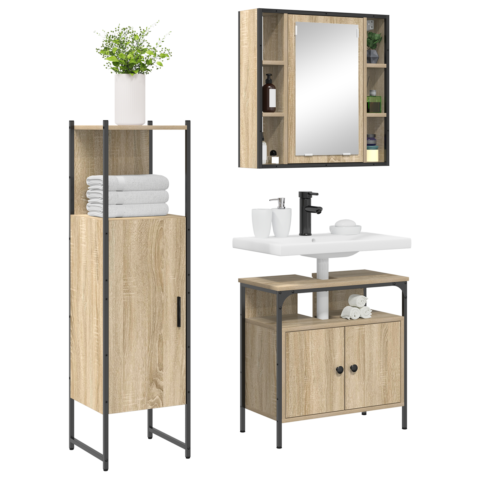 vidaXL Set Mobilier Baie pe 3 Piese din Lemn Inginerizat Stejar Deschis vidaXL Set Mobilier Baie pe 3 Piese din Lemn Inginerizat Stejar Deschis