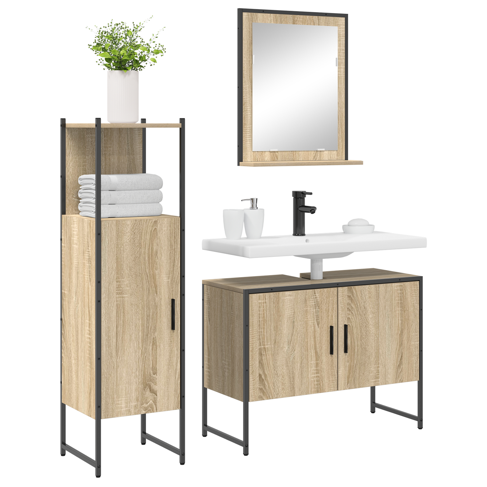 Set Mobilier Baie vidaXL 3 Piese Stejar deschis Lemn procesat