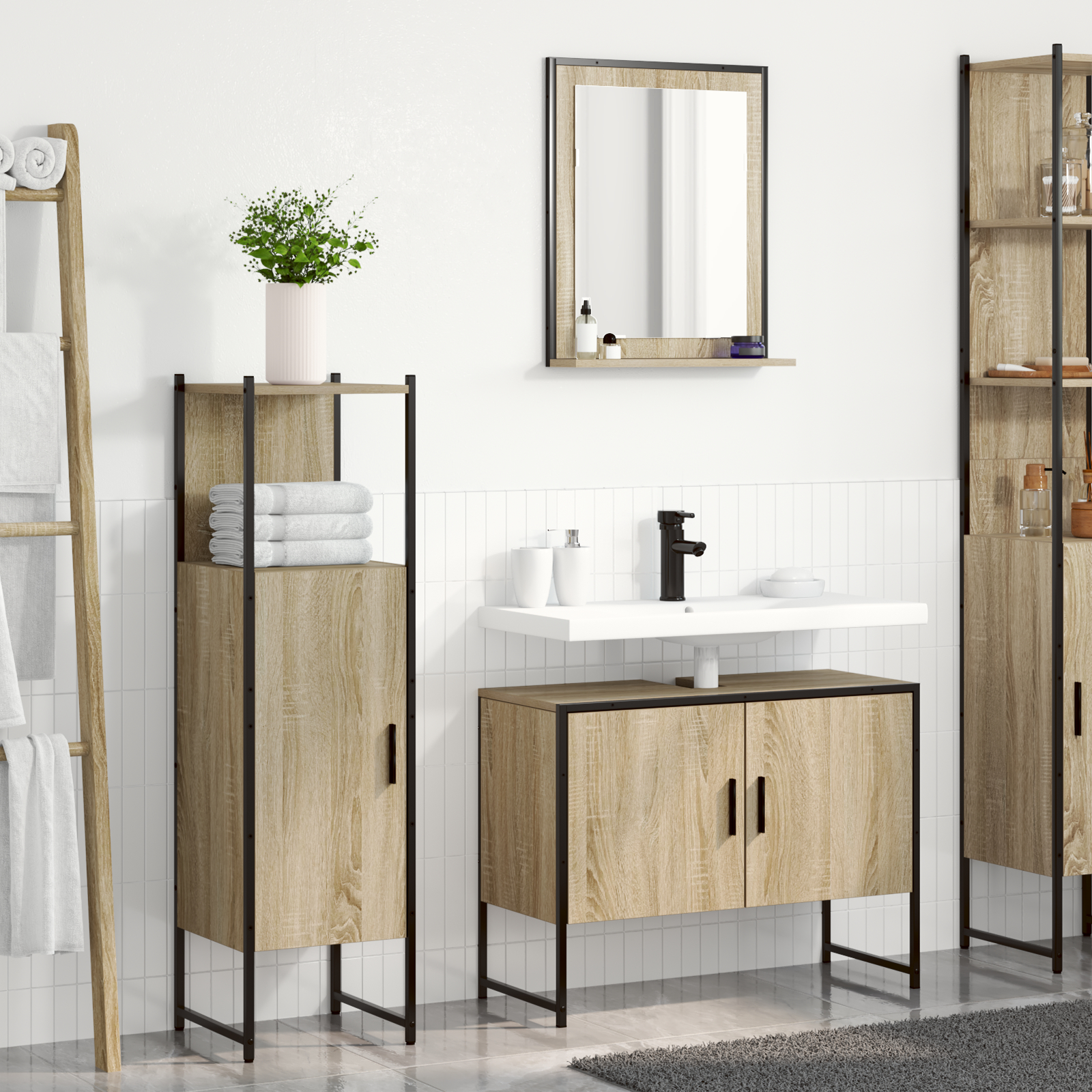 Set Mobilier Baie vidaXL 3 Piese Stejar deschis Lemn procesat