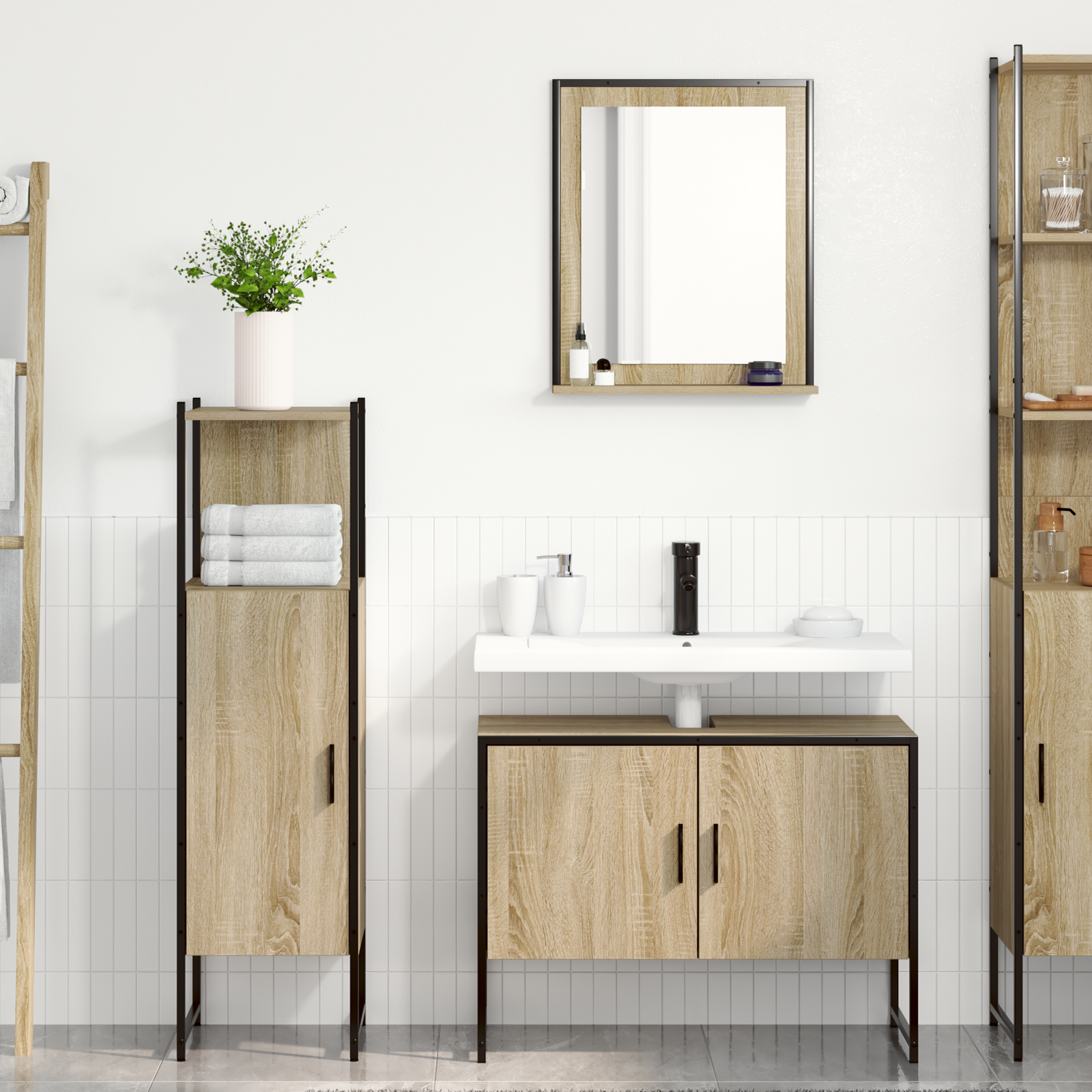Set Mobilier Baie vidaXL 3 Piese Stejar deschis Lemn procesat