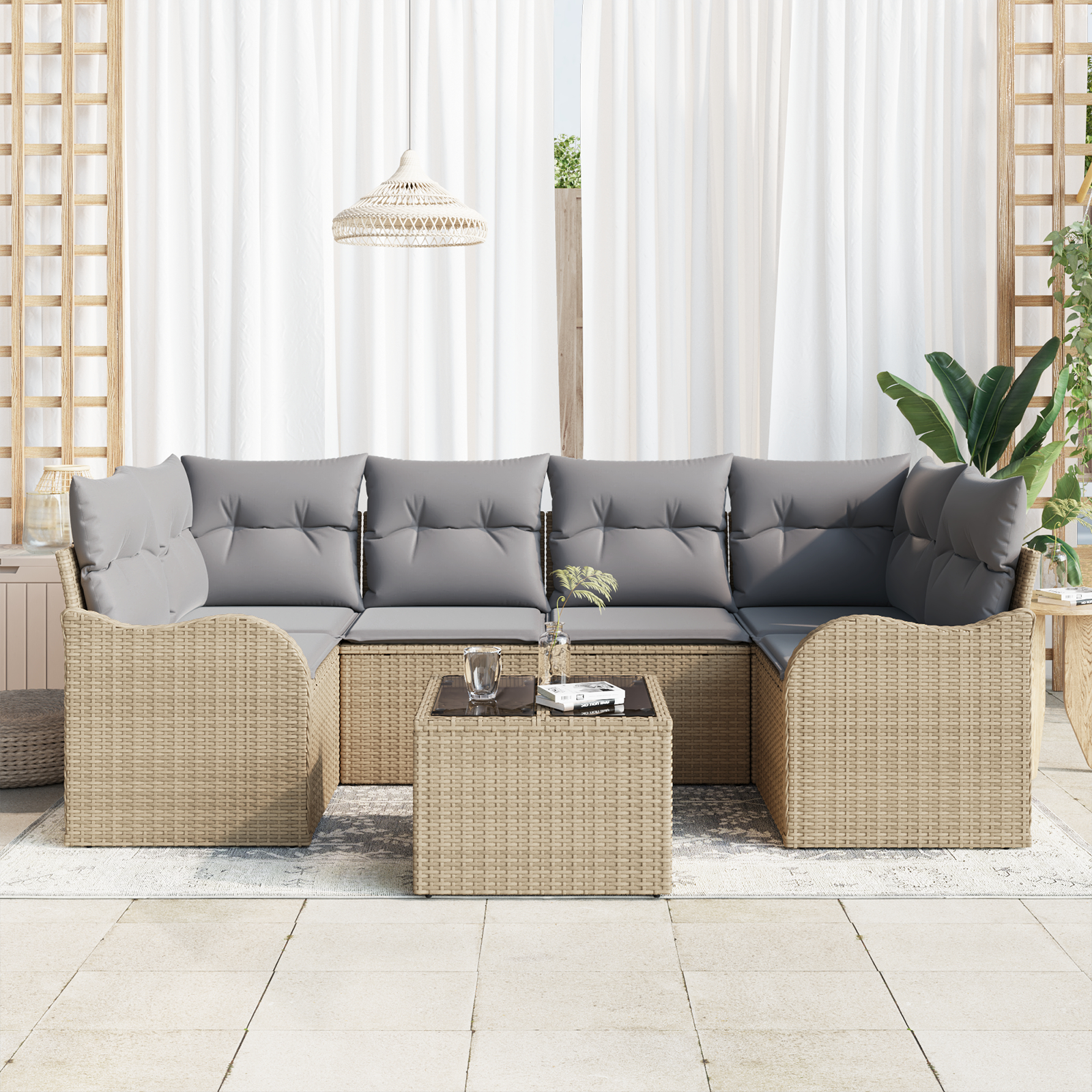 Set canapea de grădină vidaXL cu 7 piese și perne - Ratan poli bej Set canapea de grădină vidaXL cu 7 piese și perne - Ratan poli bej