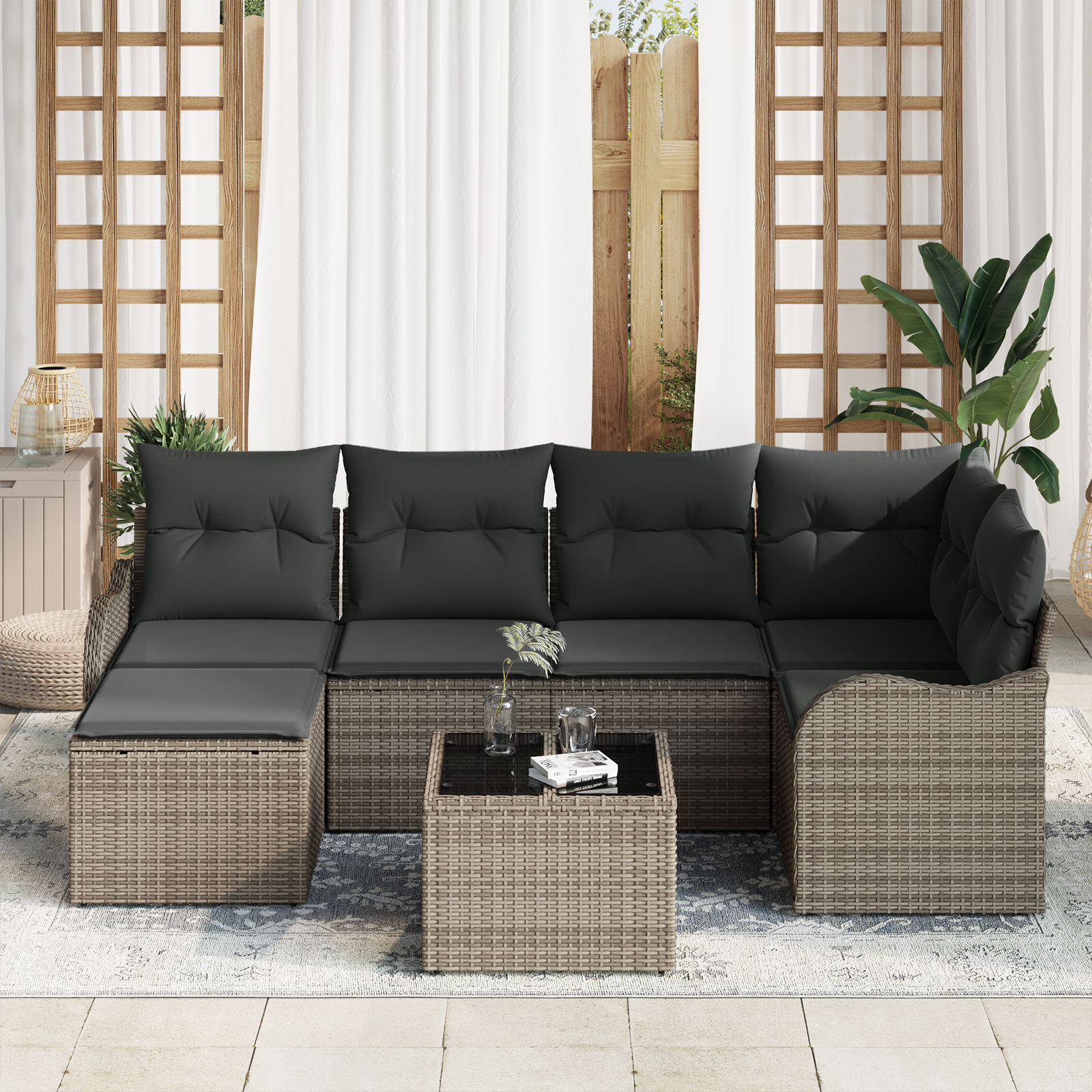 Set canapea de grădină vidaXL 6 piese cu perne din ratan poli negru Set canapea de grădină vidaXL 6 piese cu perne din ratan poli negru