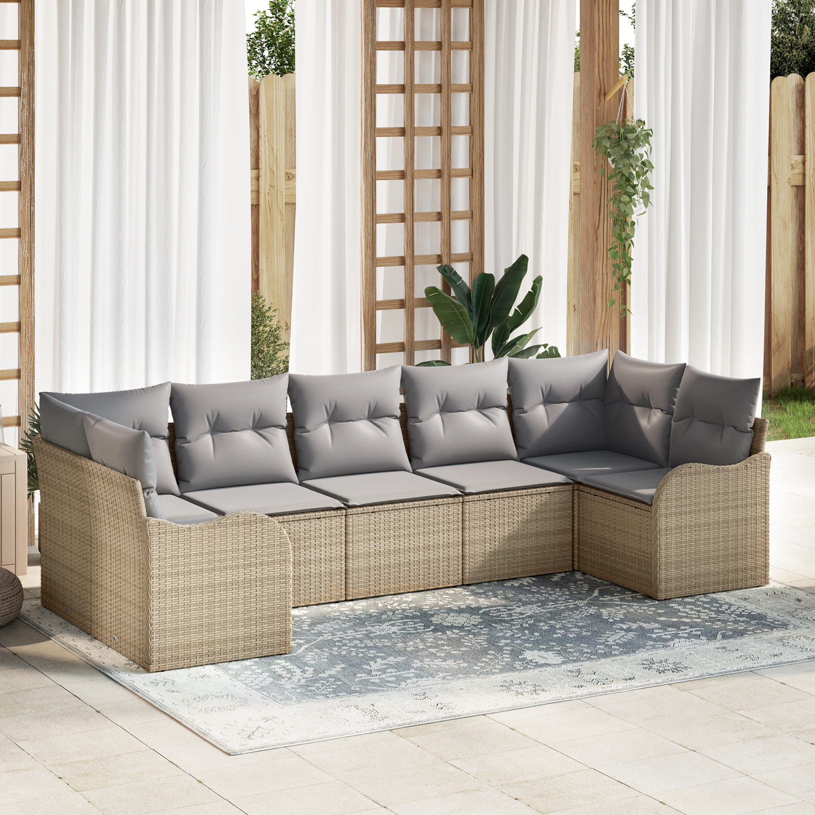 Set 7 piese canapea grădină cu perne Bej Ratan Poliester Set 7 piese canapea grădină cu perne Bej Ratan Poliester