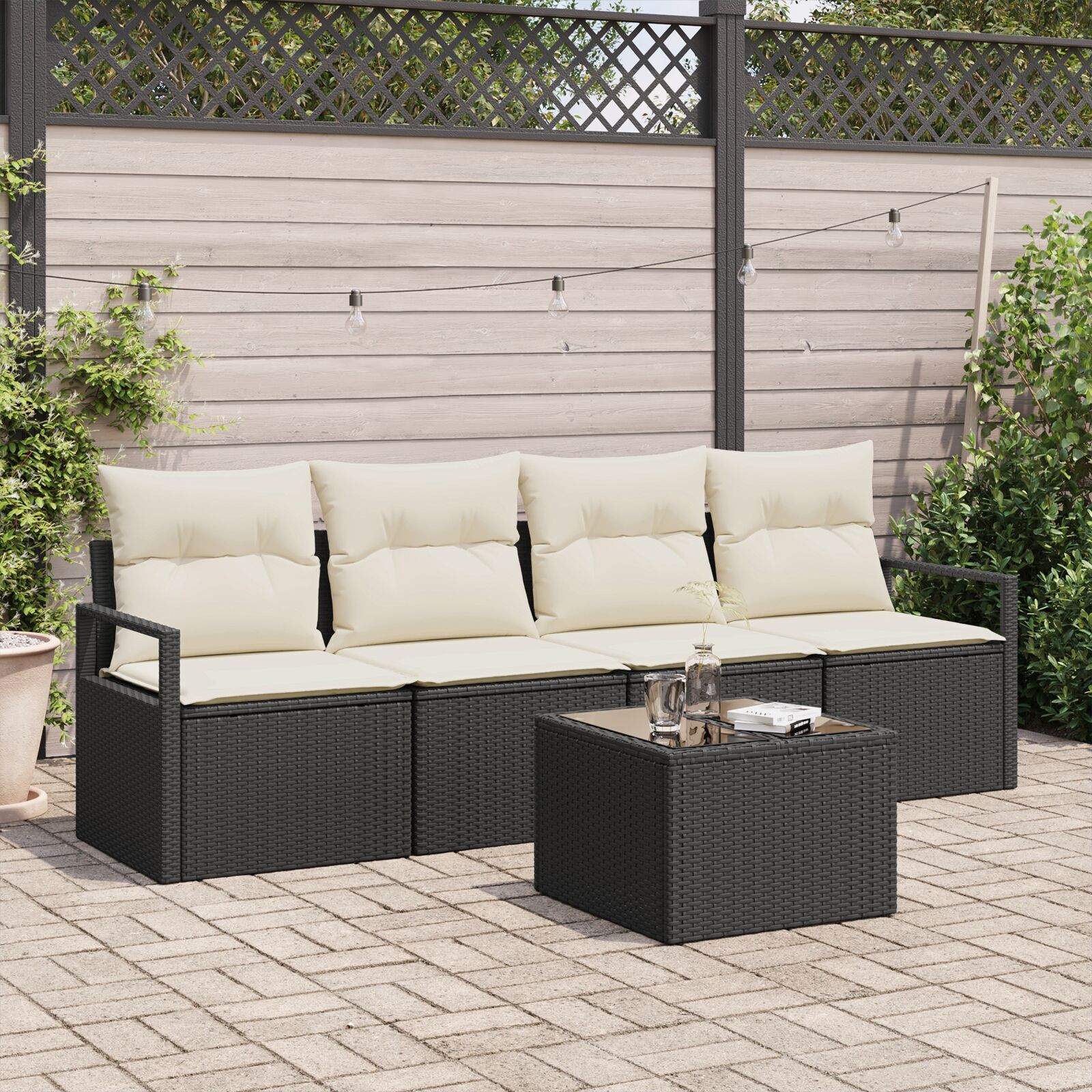 Set canapea de grădină vidaXL 5 piese cu perne Negru Ratan Sintetic Set canapea de grădină vidaXL 5 piese cu perne Negru Ratan Sintetic