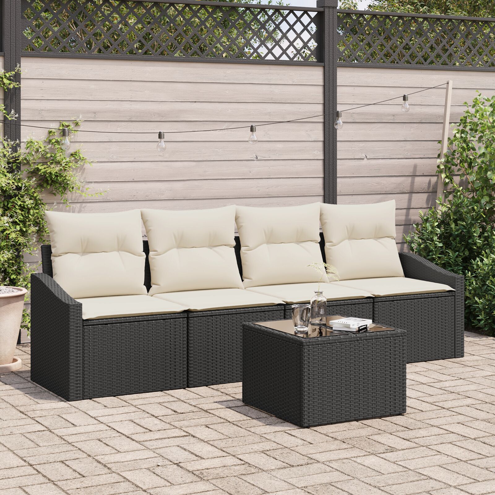 vidaXL Set de canapele pentru grădină cu pernă 5 pcs Negru și Crem vidaXL Set de canapele pentru grădină cu pernă 5 pcs Negru și Crem