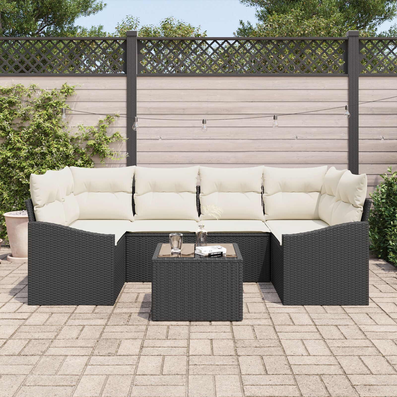 vidaXL Set de canapele pentru grădină cu pernă 7 pcs Negru și Crem vidaXL Set de canapele pentru grădină cu pernă 7 pcs Negru și Crem
