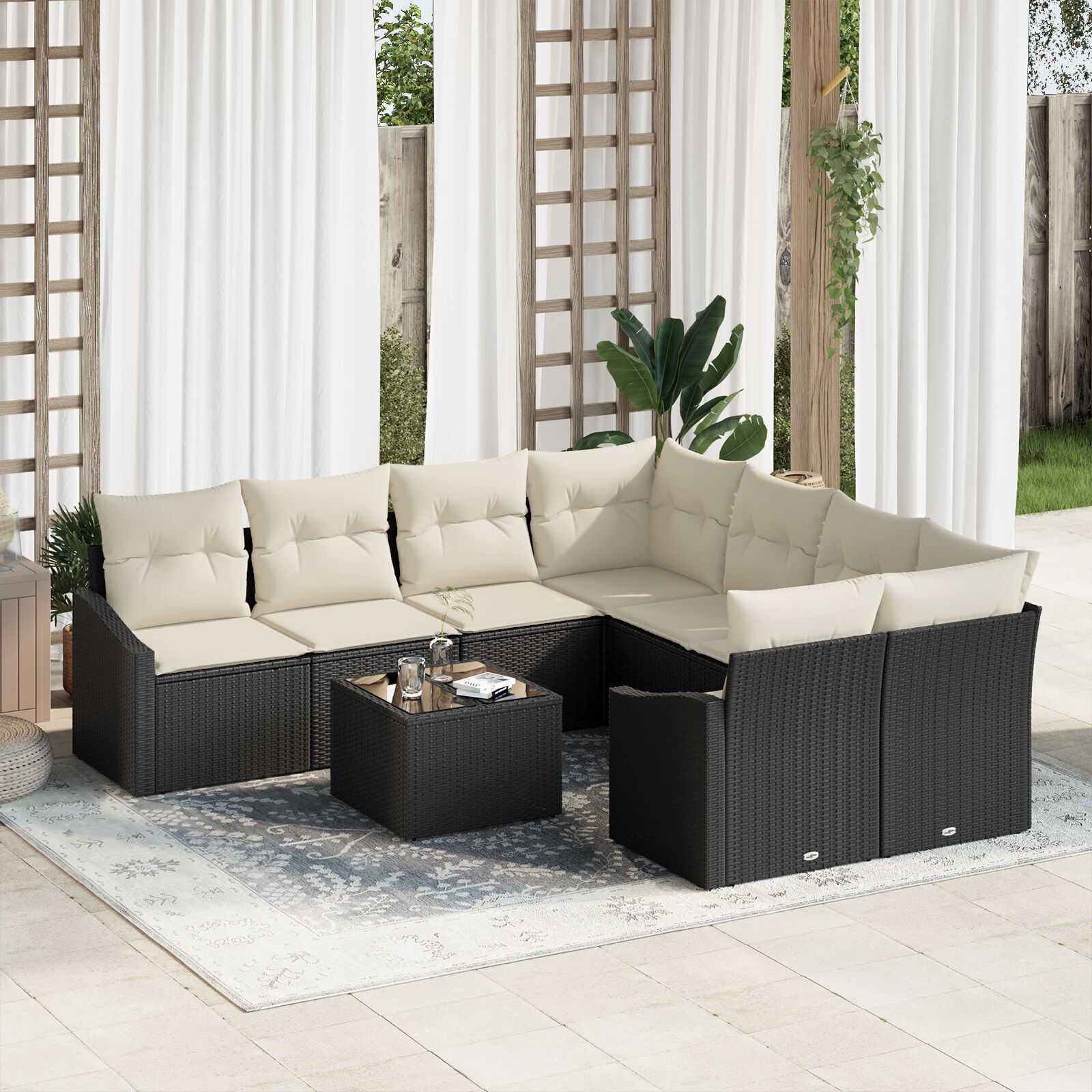 vidaXL Set de canapele pentru grădină cu pernă 9 pcs Negru și Crem vidaXL Set de canapele pentru grădină cu pernă 9 pcs Negru și Crem