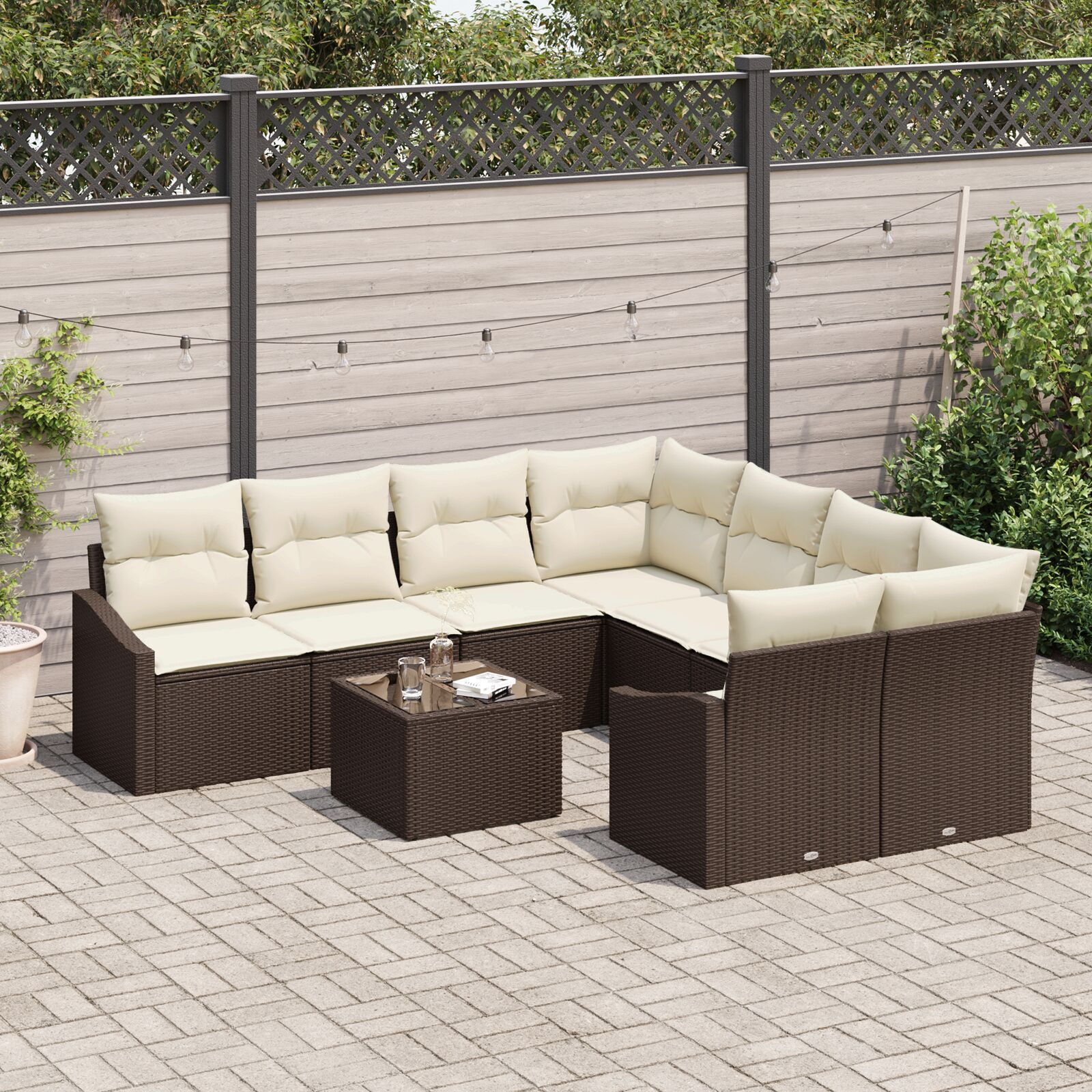 vidaXL Set de canapele pentru grădină cu pernă 9 pcs Maro și Crem