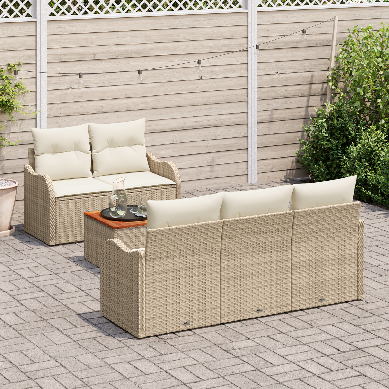 Set canapea de grădină 6 piese cu perne bej din ratan poliester Acacia Set canapea de grădină 6 piese cu perne bej din ratan poliester Acacia