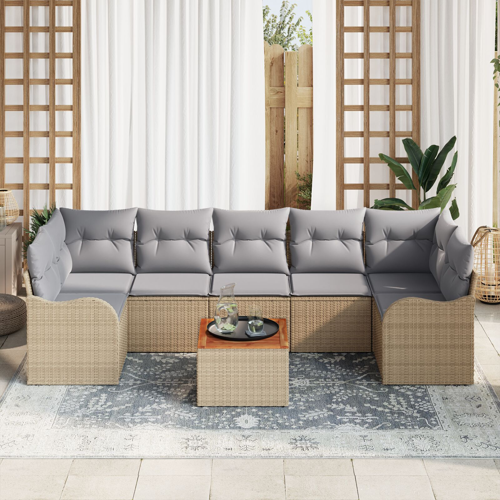 Set canapea de grădină cu 8 piese cu perne Bej din ratan poly Acacia Set canapea de grădină cu 8 piese cu perne Bej din ratan poly Acacia