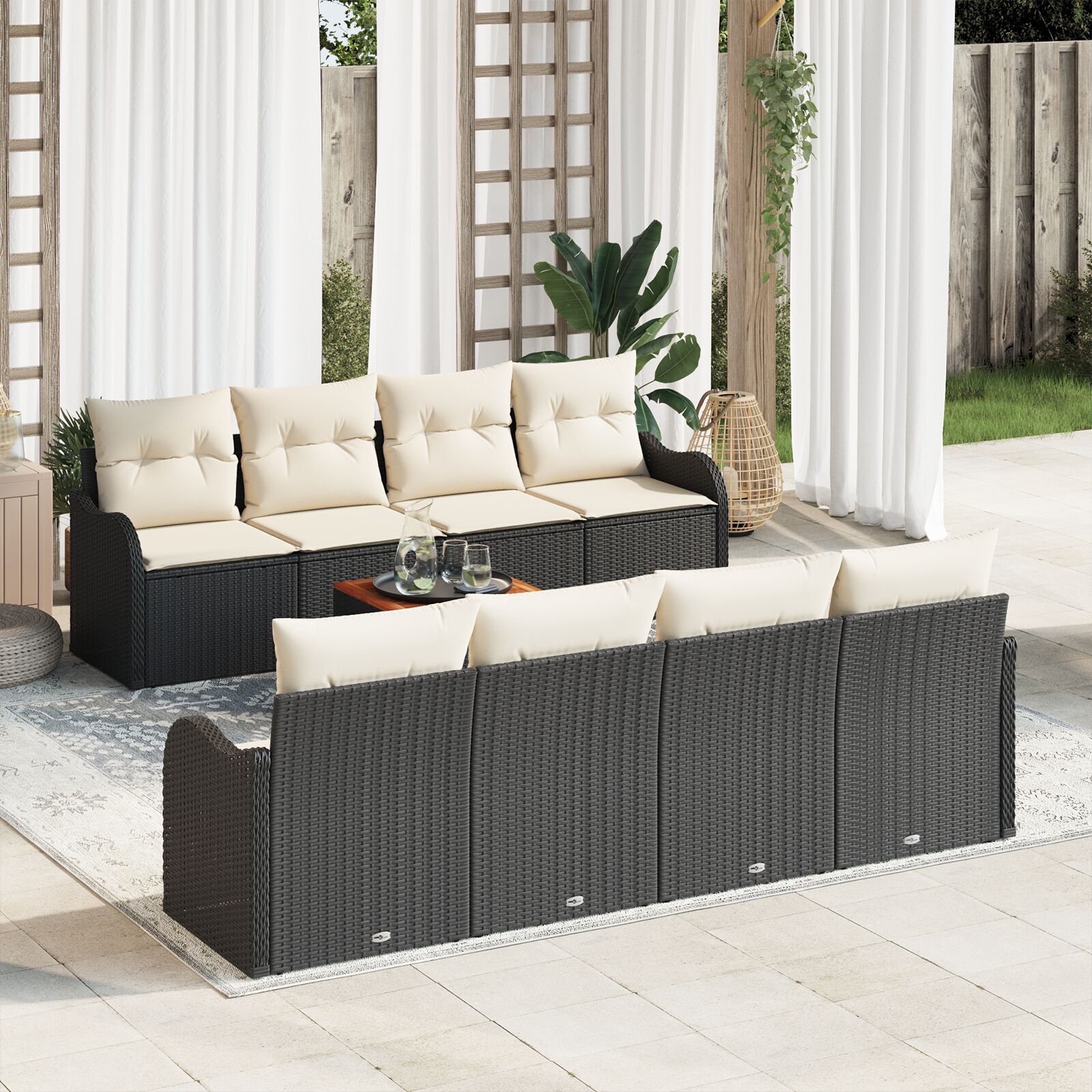 Set 9 Piese Grădină cu Perne Negru Poliratan Acacia Set 9 Piese Grădină cu Perne Negru Poliratan Acacia