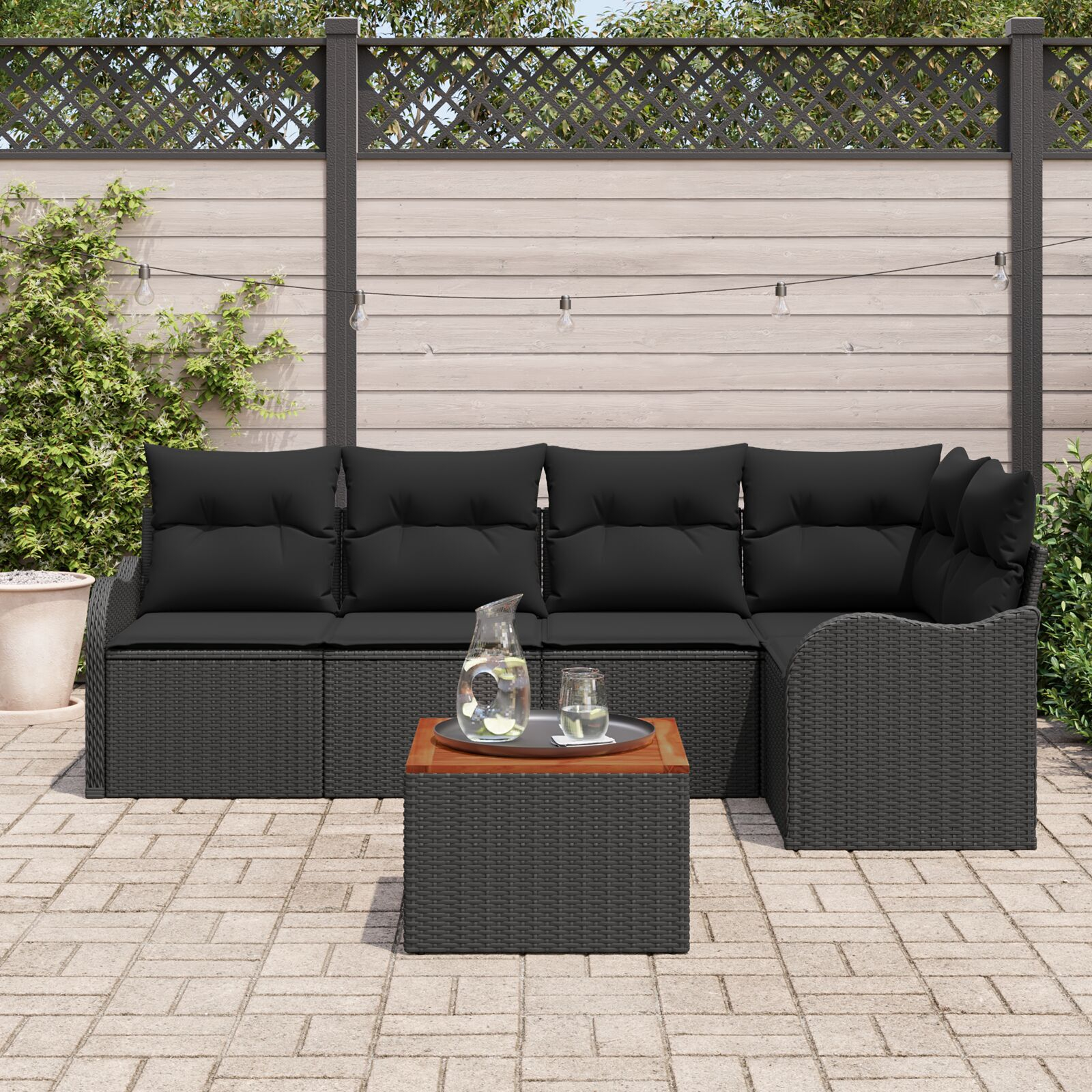 Set Canapea de Grădină de 6 Piese cu Perne Negru Ratan Polimeric Acacia Set Canapea de Grădină de 6 Piese cu Perne Negru Ratan Polimeric Acacia