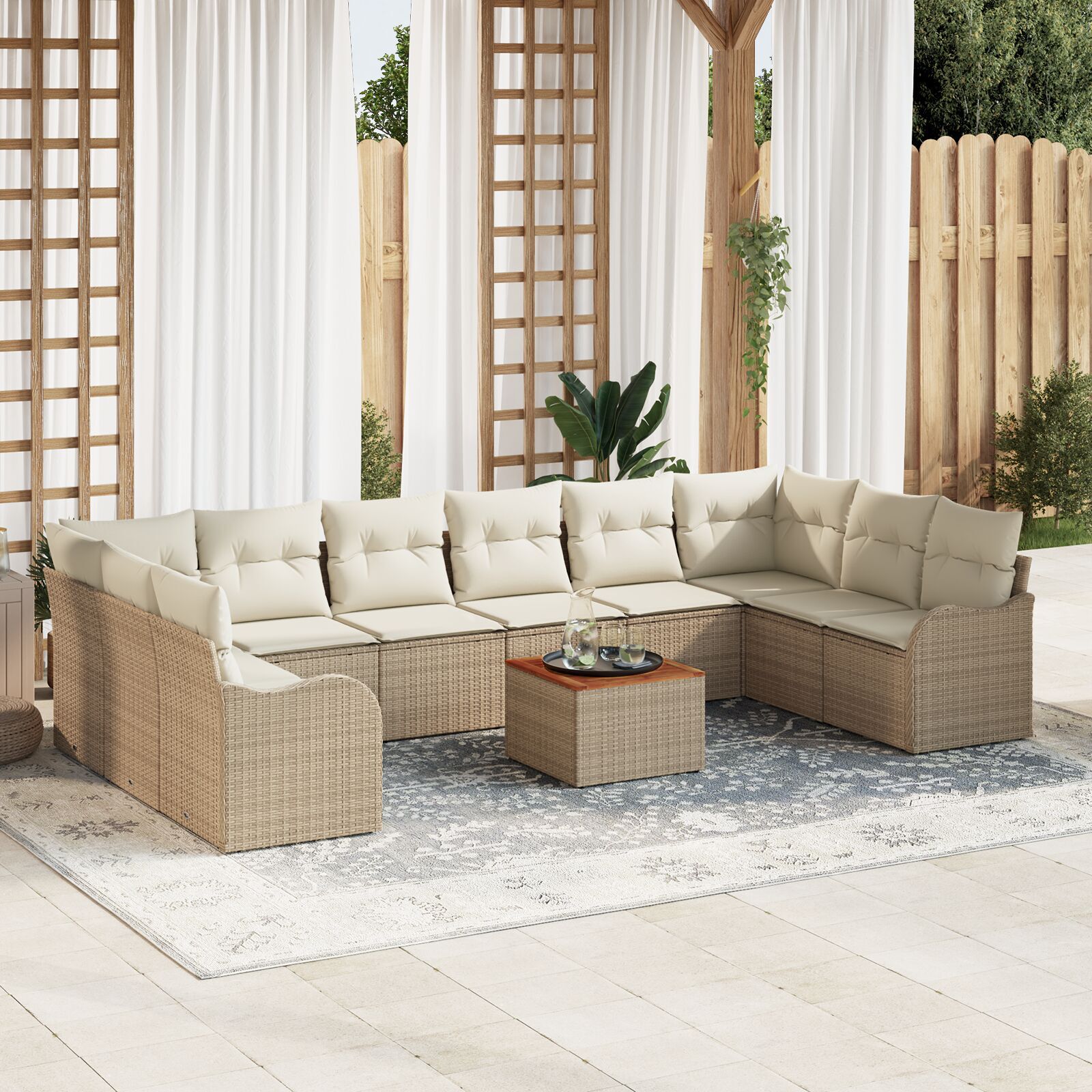 Set canapea de grădină vidaXL cu perne 11 piese Bej ratan poli acacia Set canapea de grădină vidaXL cu perne 11 piese Bej ratan poli acacia