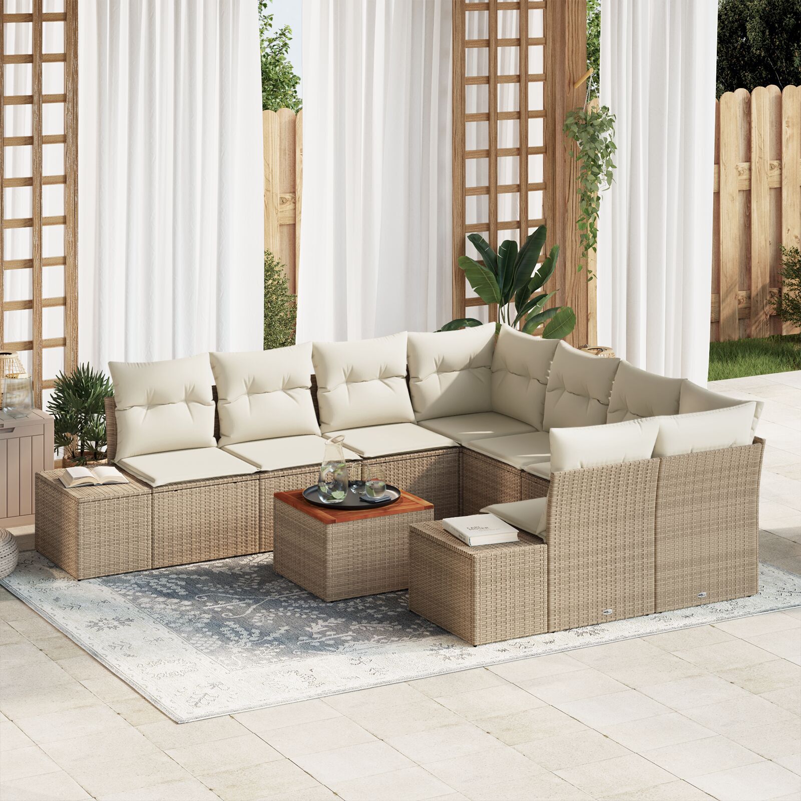 vidaXL Set de canapele pentru grădină cu pernă 9 pcs Bej Rattan poli