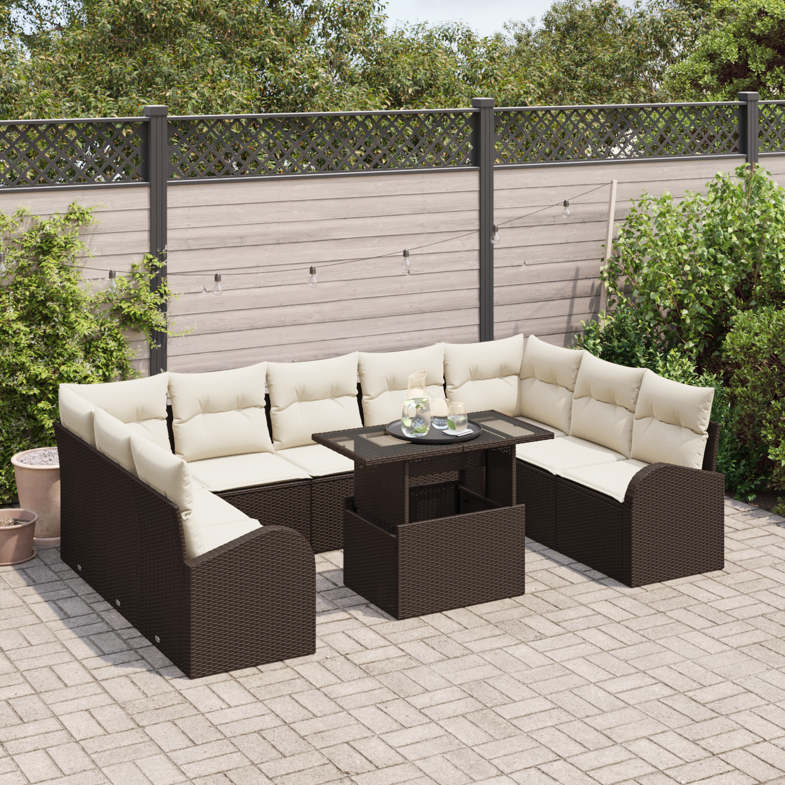 vidaXL Set de canapele pentru grădină cu pernă 10 pcs maro și crem
