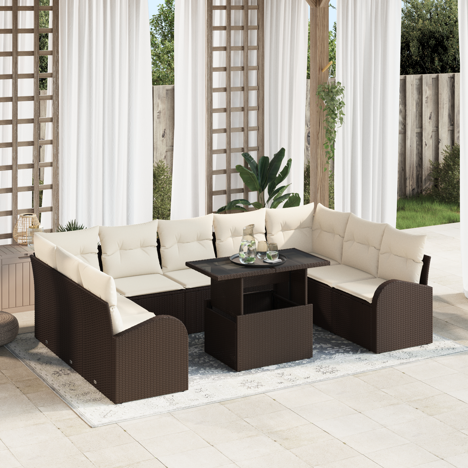vidaXL Set de canapele pentru grădină cu pernă 10 pcs maro și crem