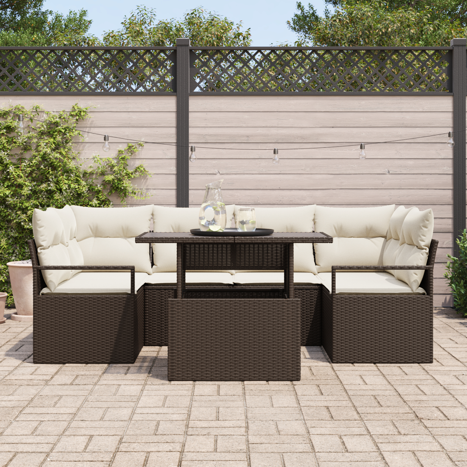vidaXL Set de canapele pentru grădină cu pernă 7 pcs maro și crem
