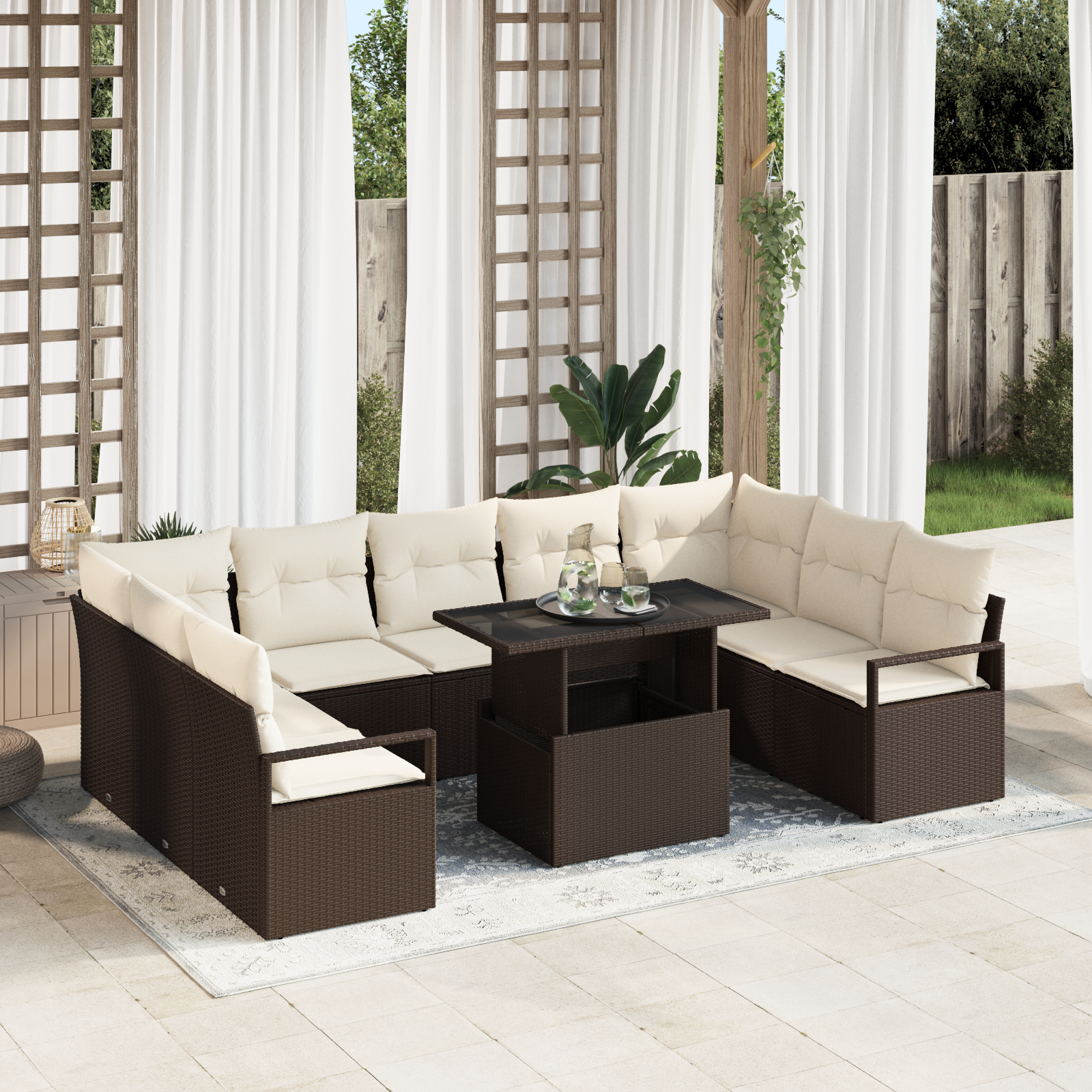 vidaXL Set de canapele pentru grădină cu pernă 10 pcs maro și crem vidaXL Set de canapele pentru grădină cu pernă 10 pcs maro și crem