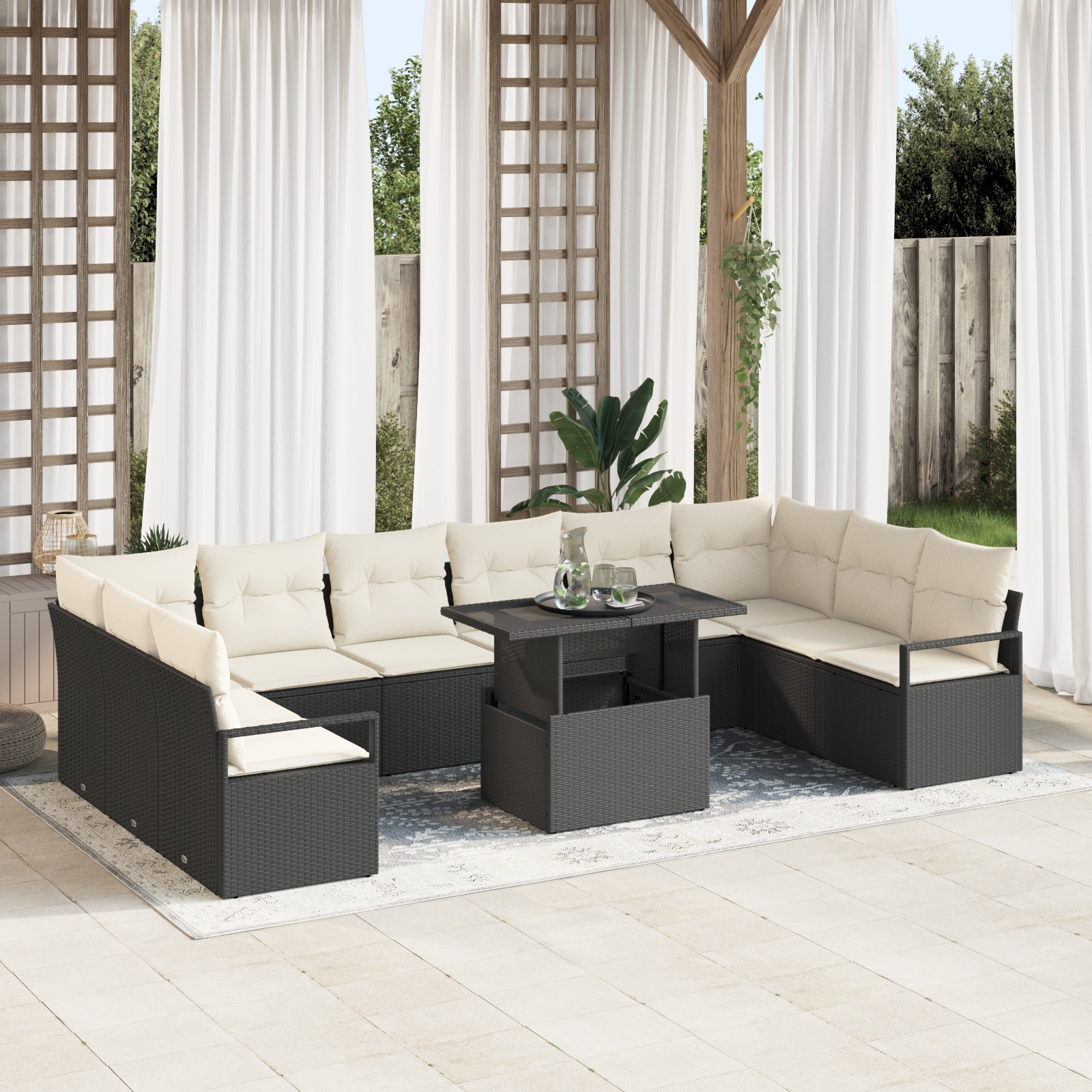 vidaXL Set de canapele pentru grădină cu pernă 11 pcs negru și crem