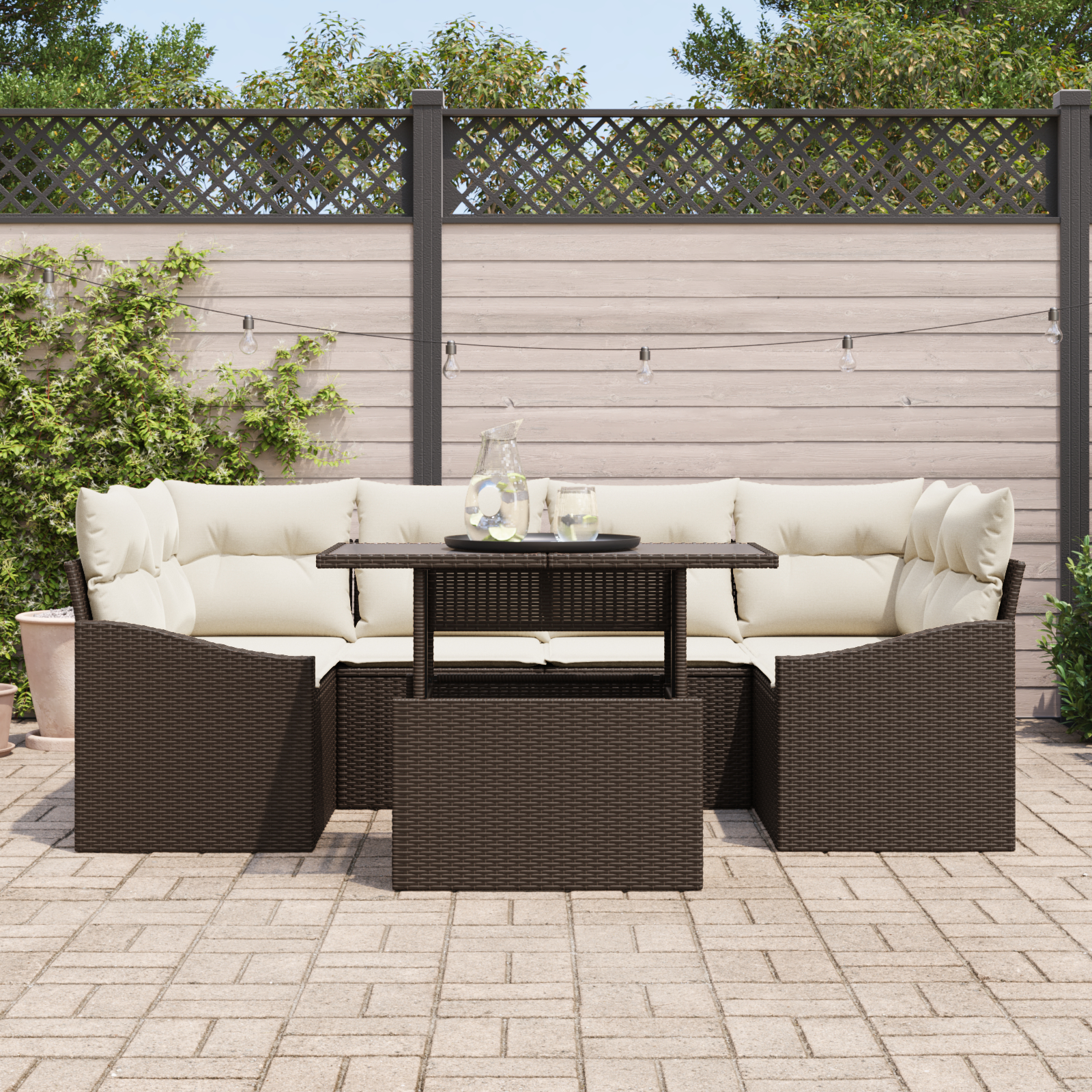 vidaXL Set de canapele pentru grădină cu pernă 7 pcs maro și crem