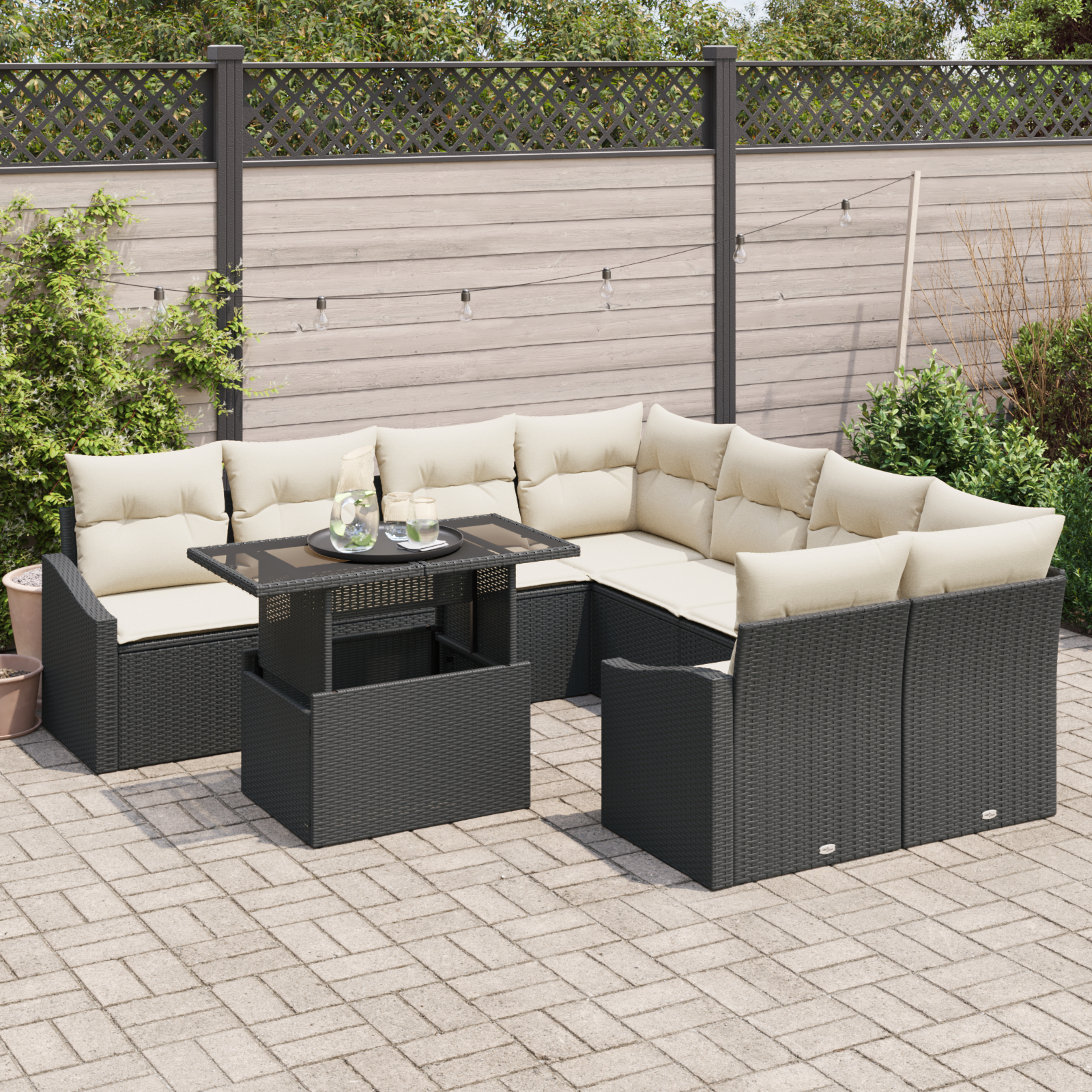 vidaXL Set de canapele pentru grădină cu pernă 9 pcs negru și crem