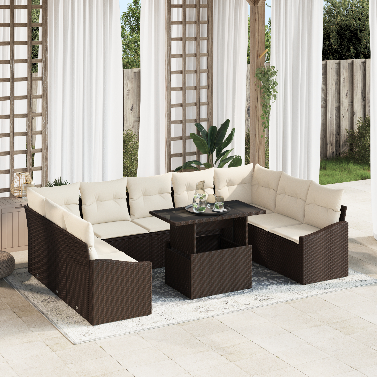 vidaXL Set de canapele pentru grădină cu pernă 10 pcs maro și crem