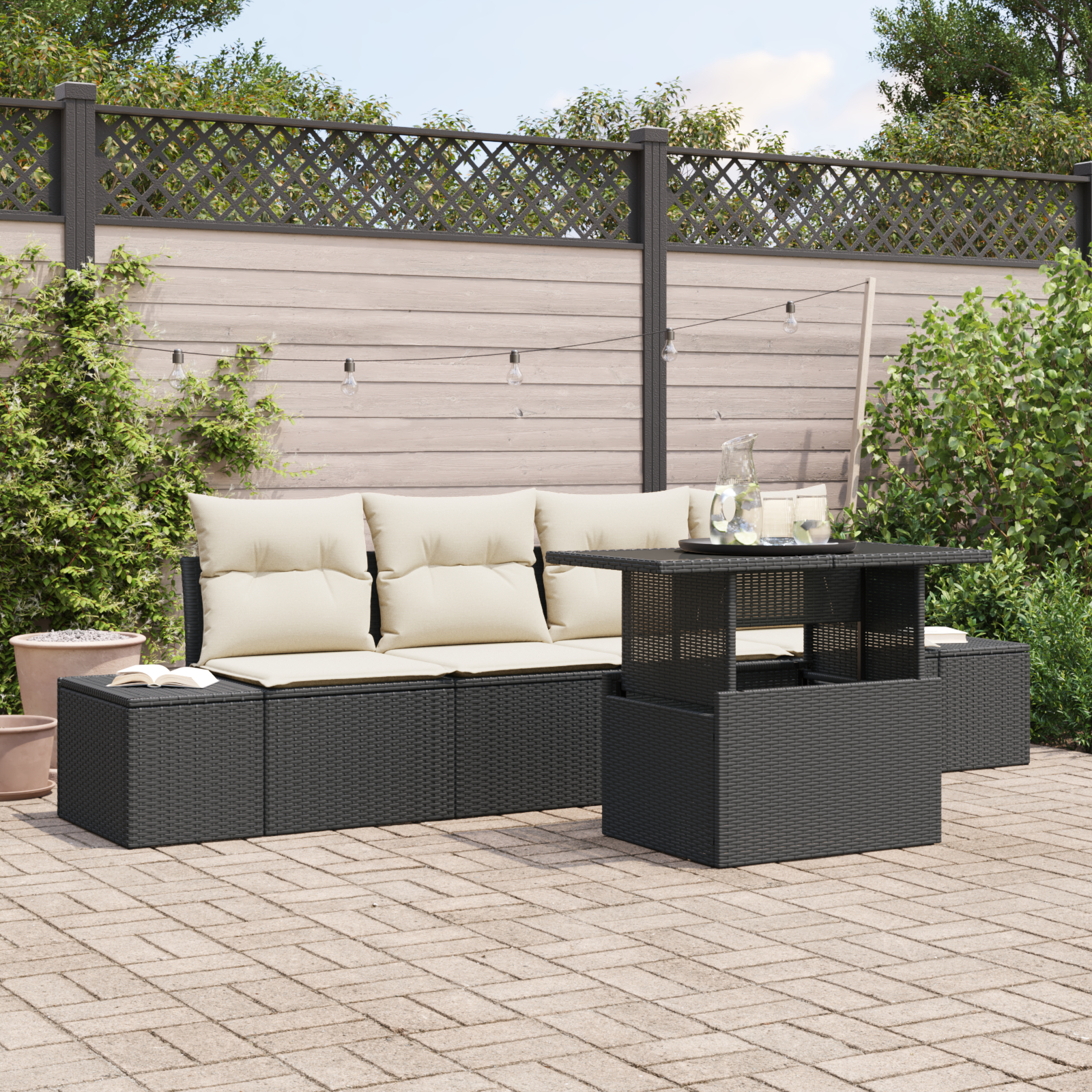 vidaXL Set de canapele pentru grădină cu pernă 5 pcs negru și crem