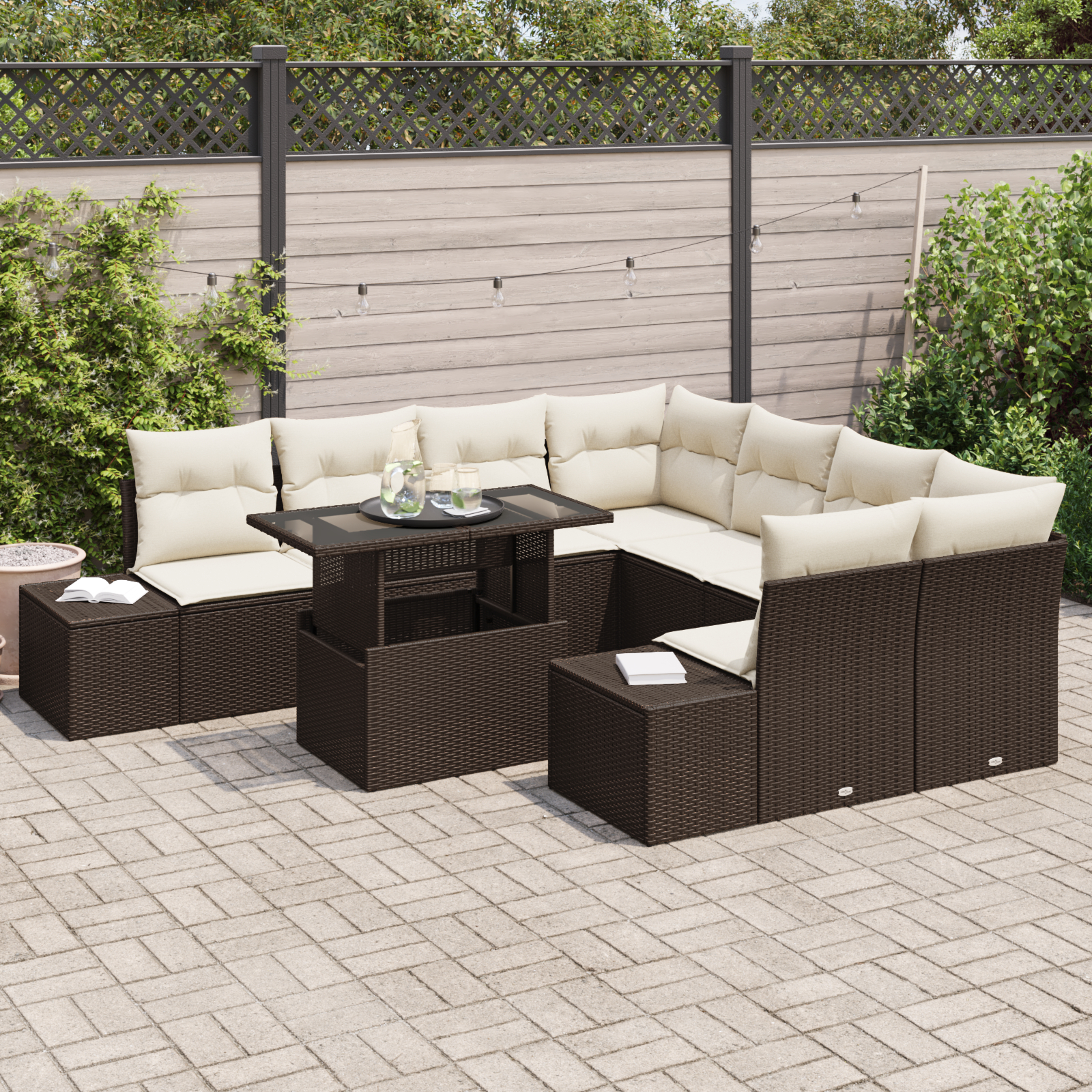 vidaXL Set de canapele pentru grădină cu pernă 9 pcs maro și crem