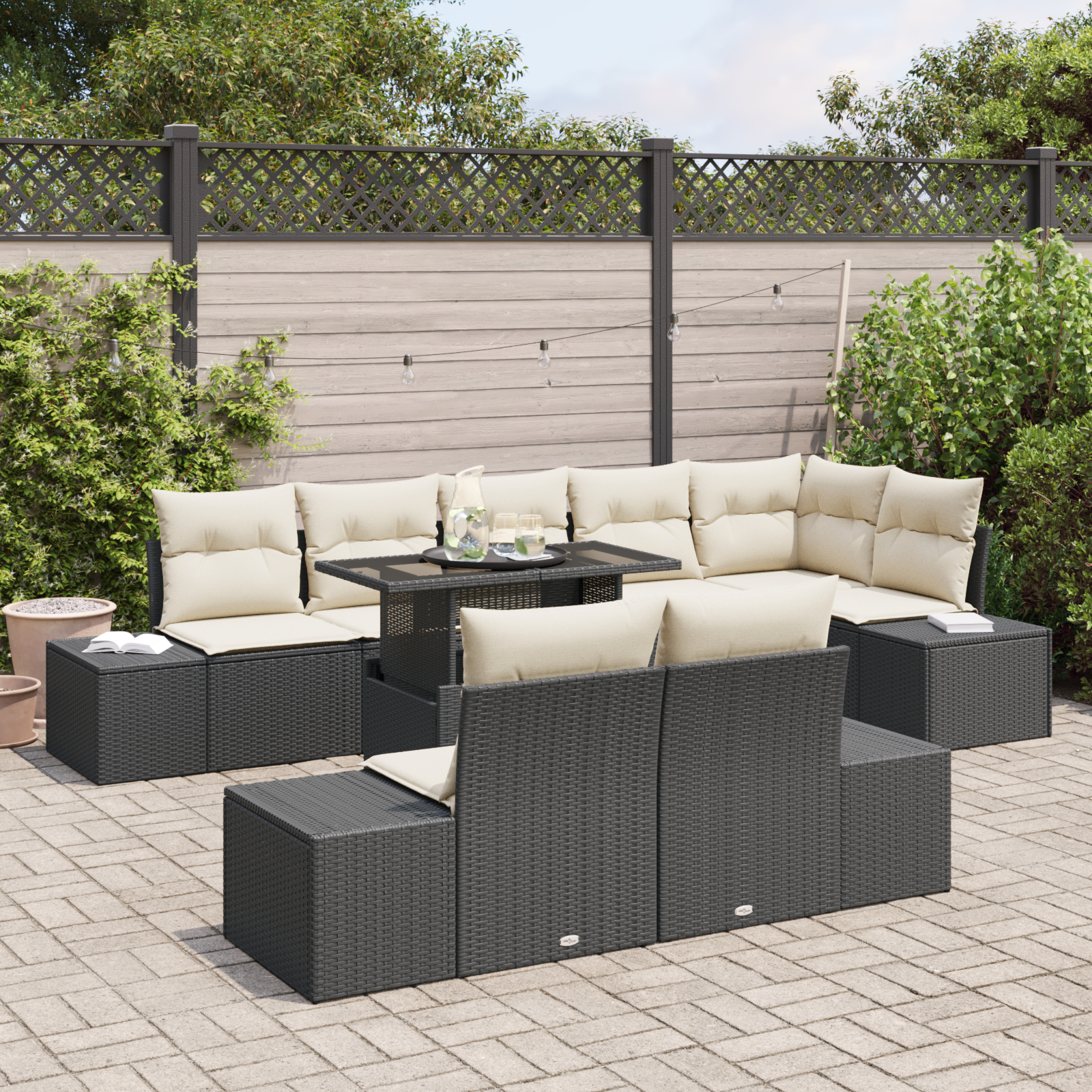 vidaXL Set de canapele pentru grădină cu pernă 9 pcs negru și crem