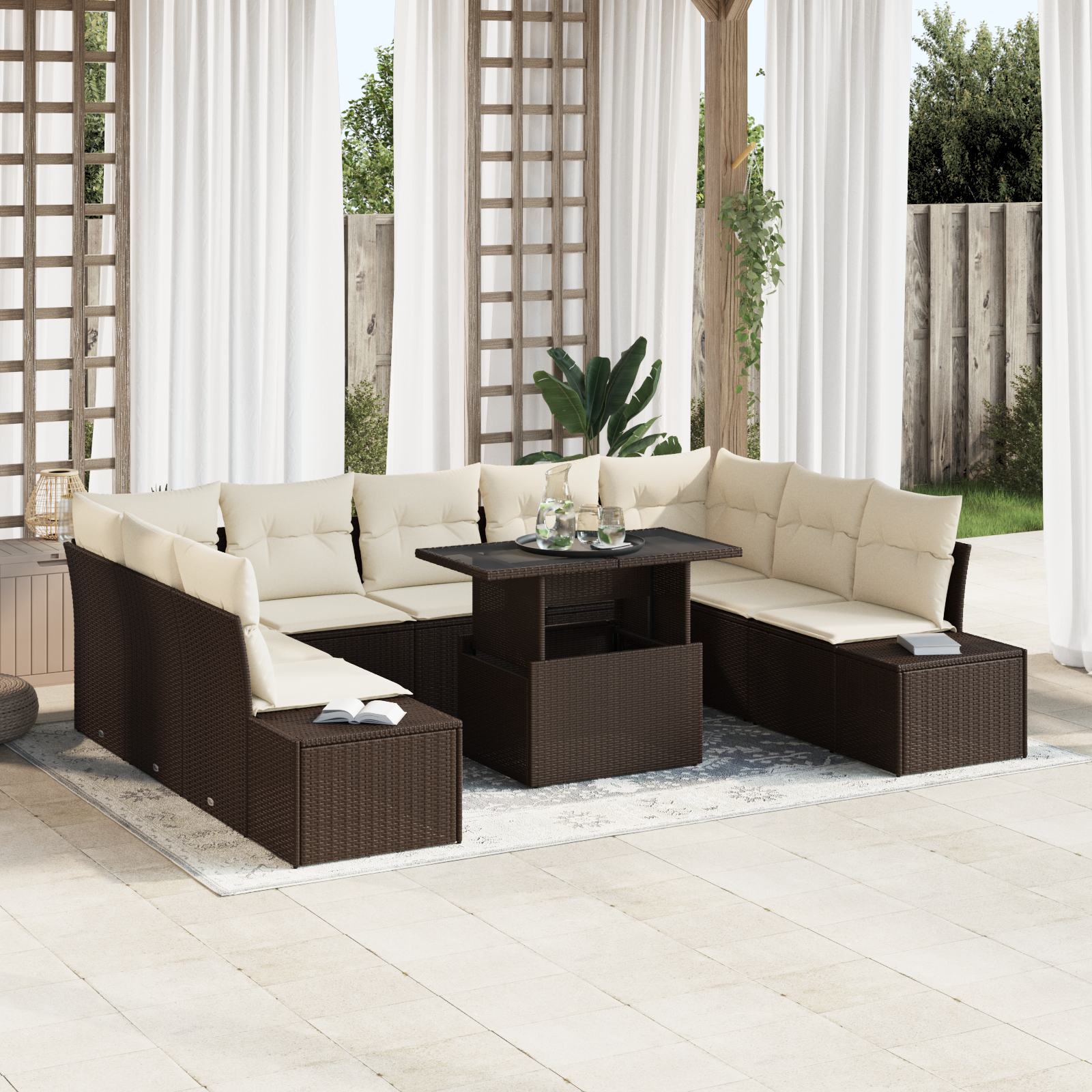 vidaXL Set de canapele pentru grădină cu pernă 10 pcs maro și crem