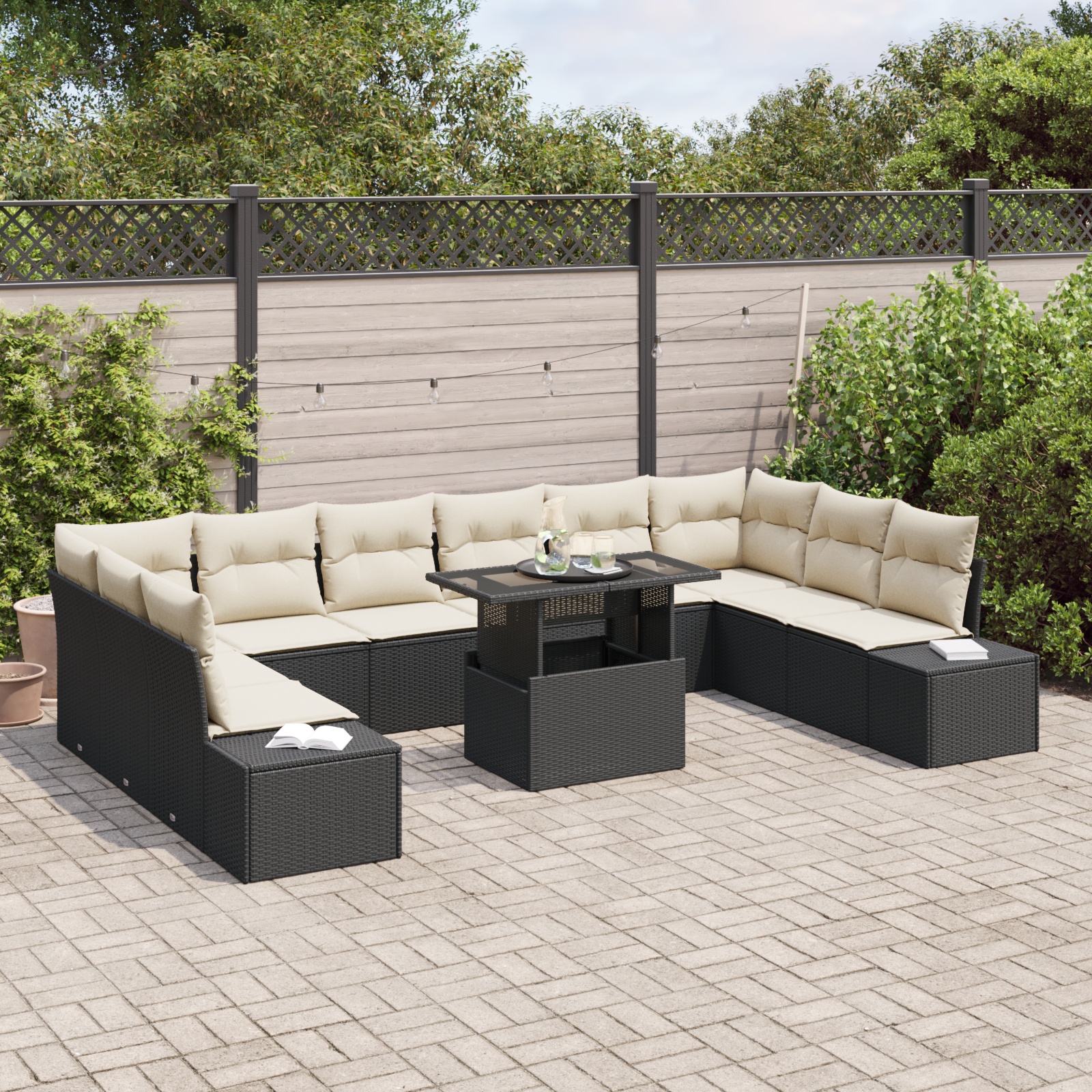 vidaXL Set de canapele pentru grădină cu pernă 11 pcs negru și crem