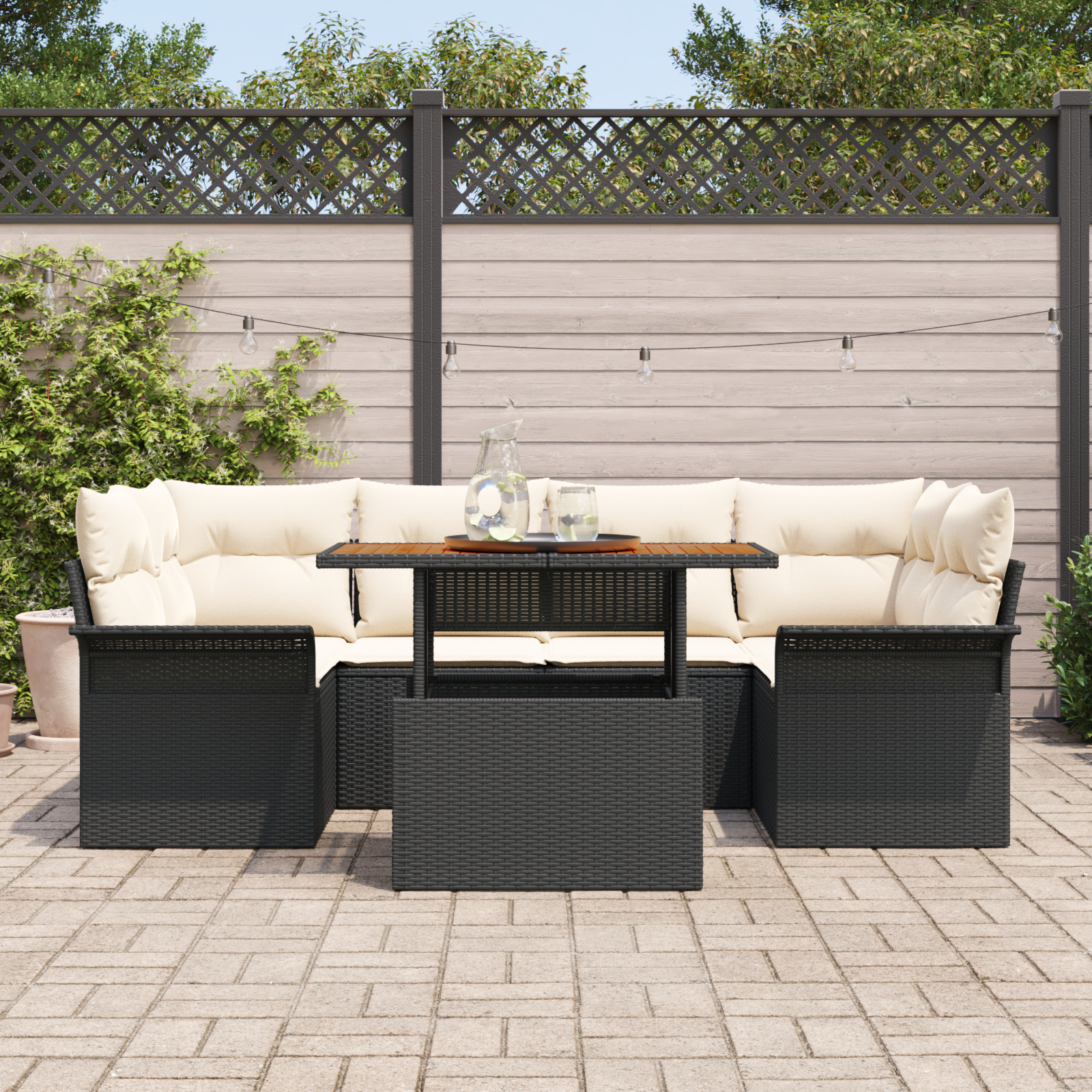 vidaXL Set mobilier grădină , 7 piese, cu perne, din rattan synthetic negru și lemn de acacia