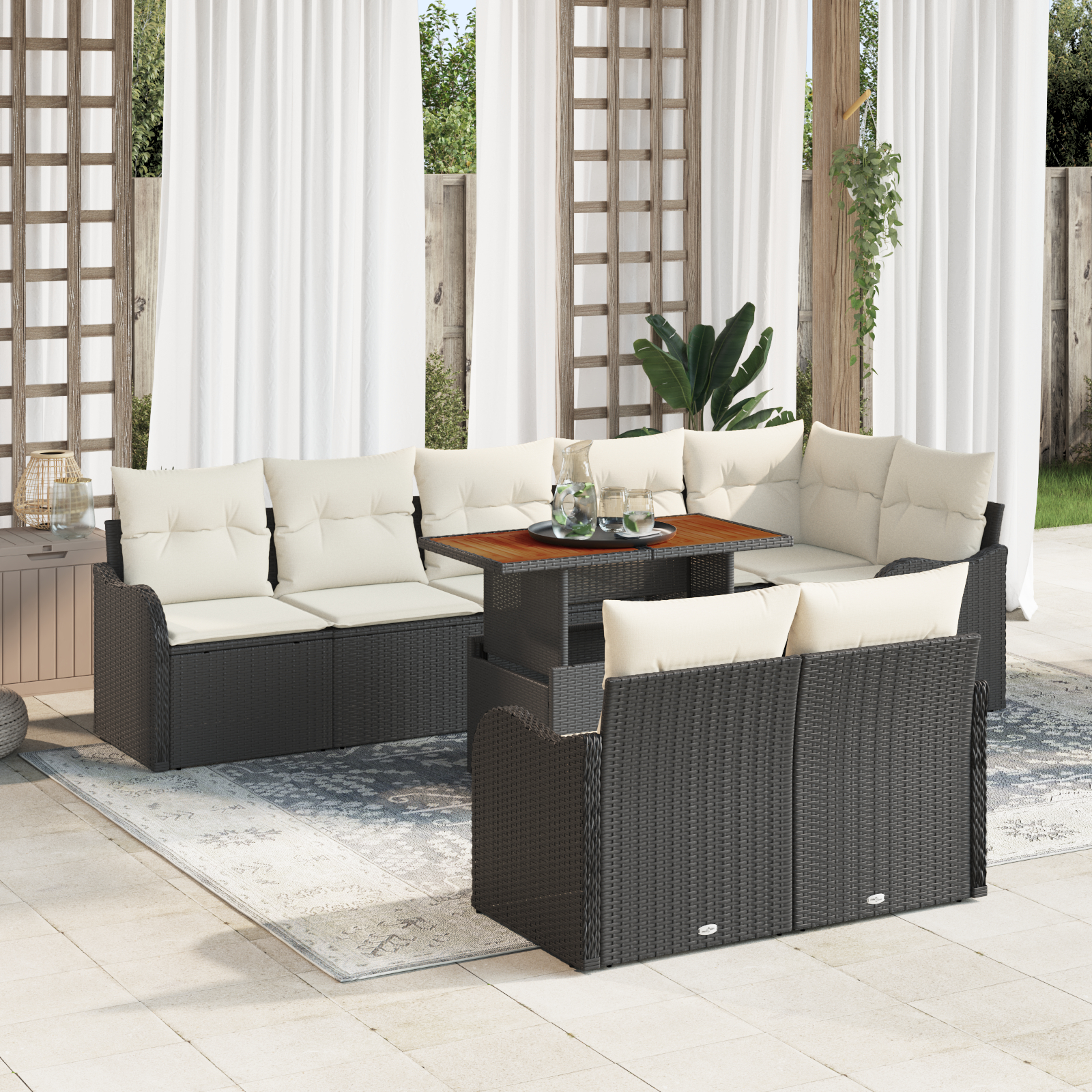 Set canapea de grădină 9 piese cu perne Negru Poliratan Acacia Set canapea de grădină 9 piese cu perne Negru Poliratan Acacia
