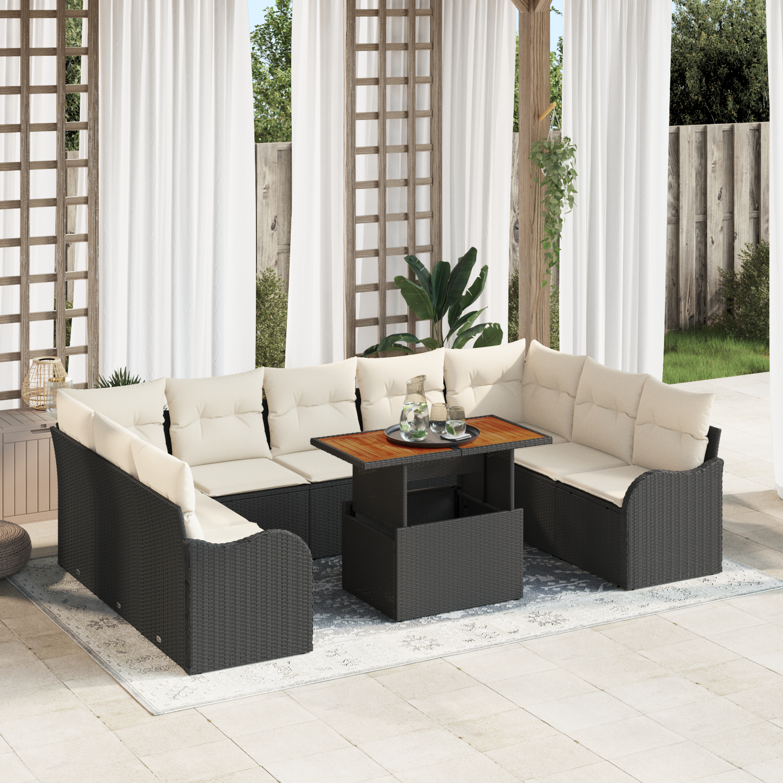 Set 10 Piese Canapea de Grădină cu Perne Negru Ratan Poliwoven Acacia Set 10 Piese Canapea de Grădină cu Perne Negru Ratan Poliwoven Acacia