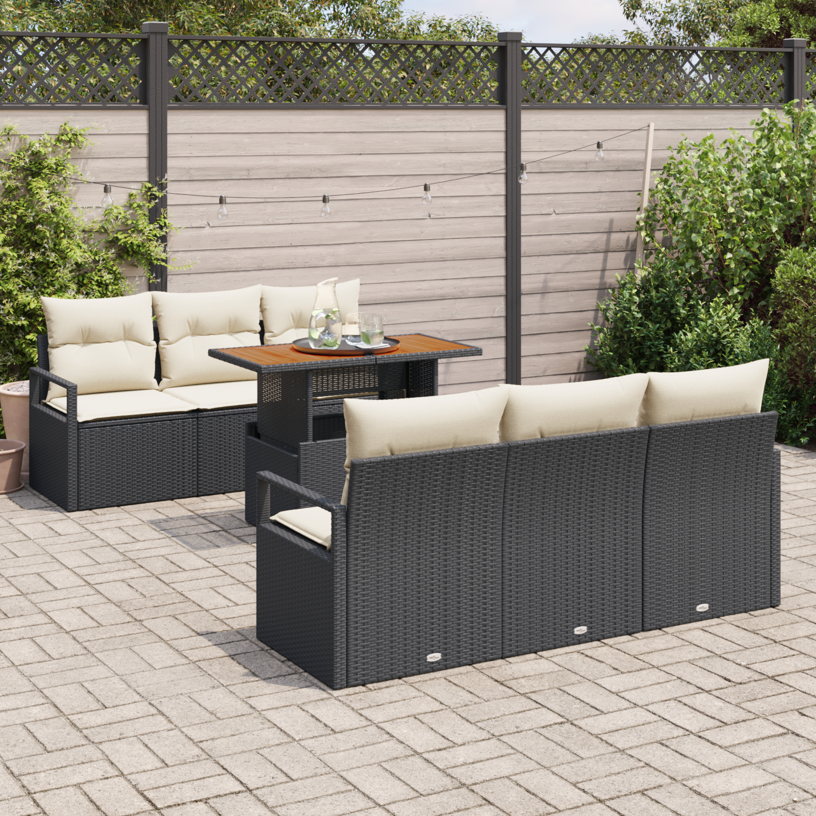 Set canapea de grădină vidaXL cu perne 7 piese negru ratan poli acacia Set canapea de grădină vidaXL cu perne 7 piese negru ratan poli acacia