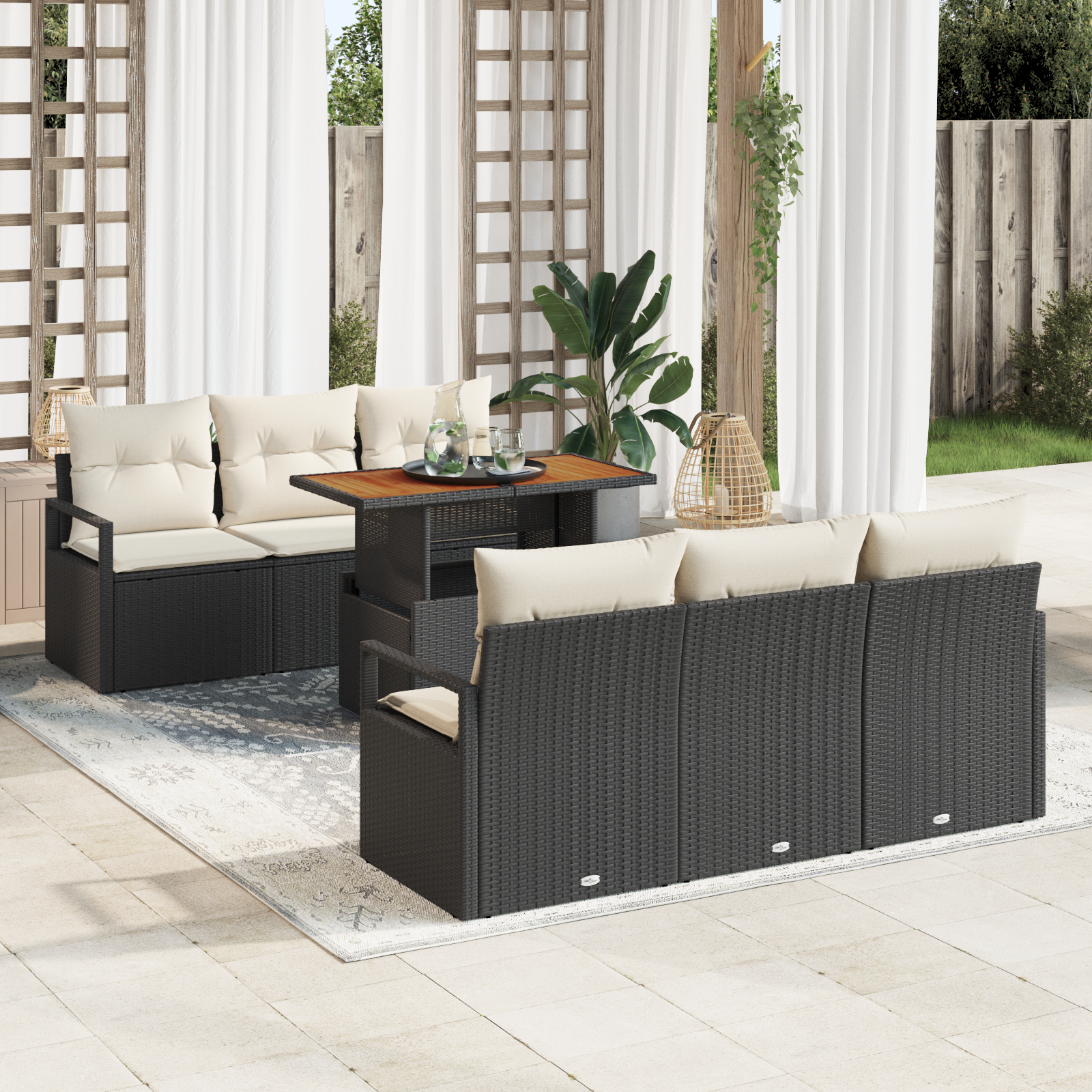 Set canapea de grădină vidaXL cu perne 7 piese negru ratan poli acacia Set canapea de grădină vidaXL cu perne 7 piese negru ratan poli acacia