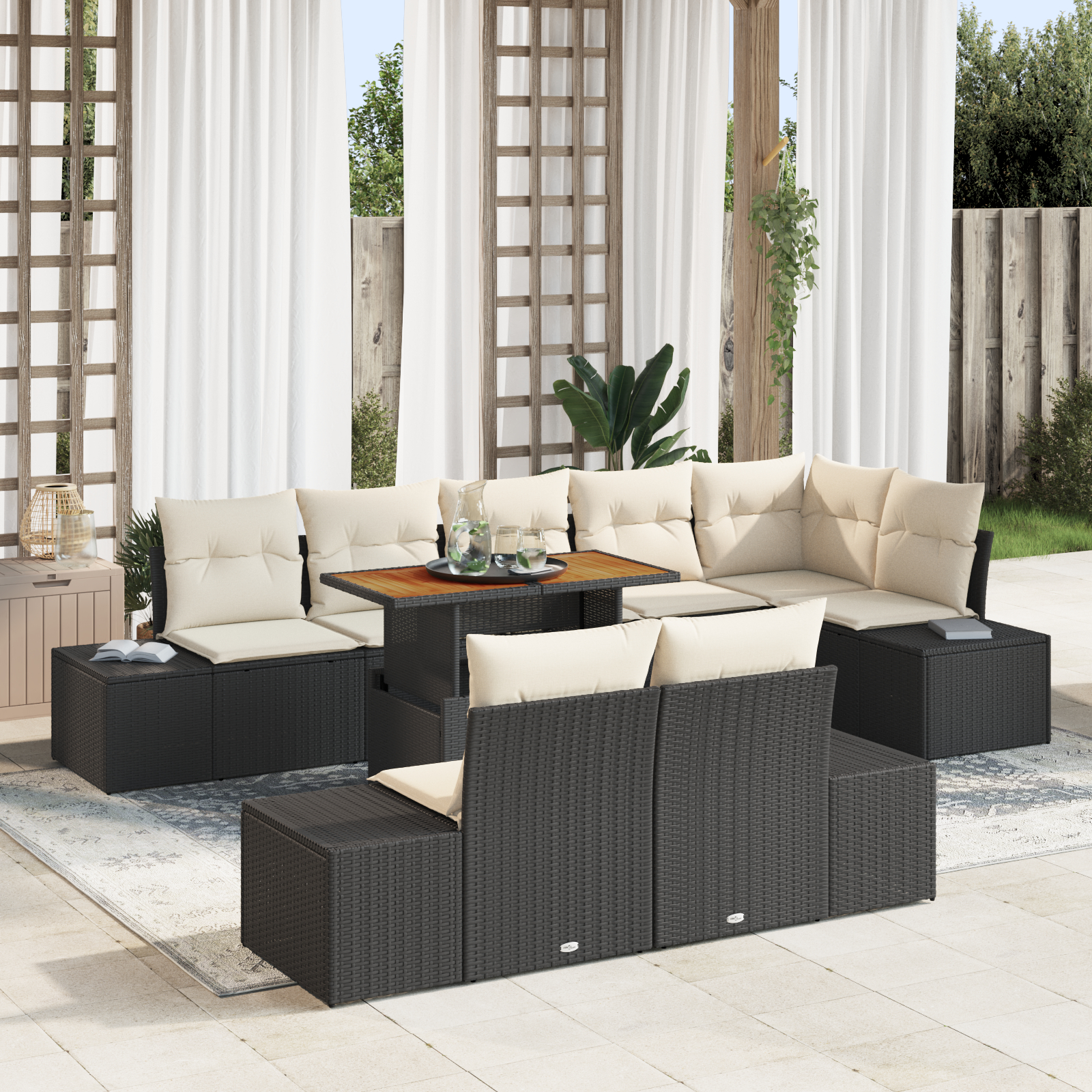 vidaXL Set de masă pentru grădină 9 pcs Negru și Crem 100 x 55 x 73 cm vidaXL Set de masă pentru grădină 9 pcs Negru și Crem 100 x 55 x 73 cm
